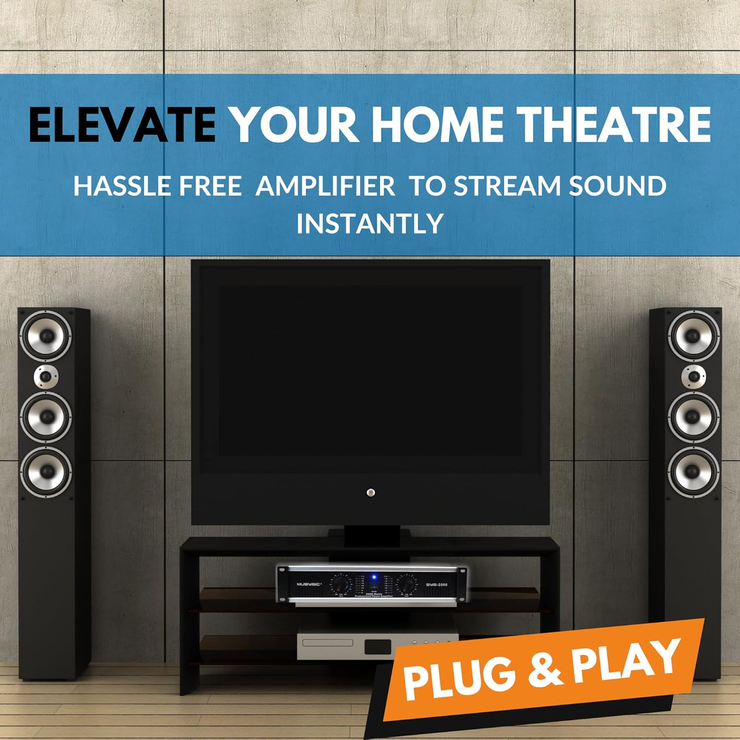 MUSYSIC Stereo Audio Amplifier-2000Watts Amplifier Audio- 2 Channel Power Amplifier System Home Theater Sound System 1/4 Inch Inputs