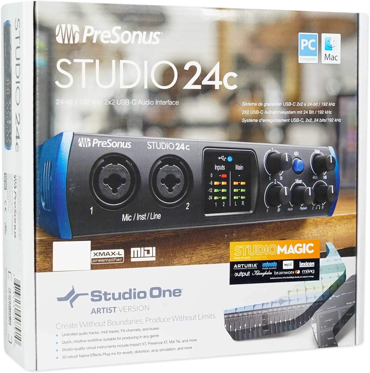 Presonus STUDIO 24C 2x2 USB-C Audio MIDI Recording Interface, 2 XMAX Mic Preamps Bundle with Rockville RCM03 Pro Recording Condenser Mic, PRO-M50 Studio Headphones and RDTS Tripod Mic Stand
