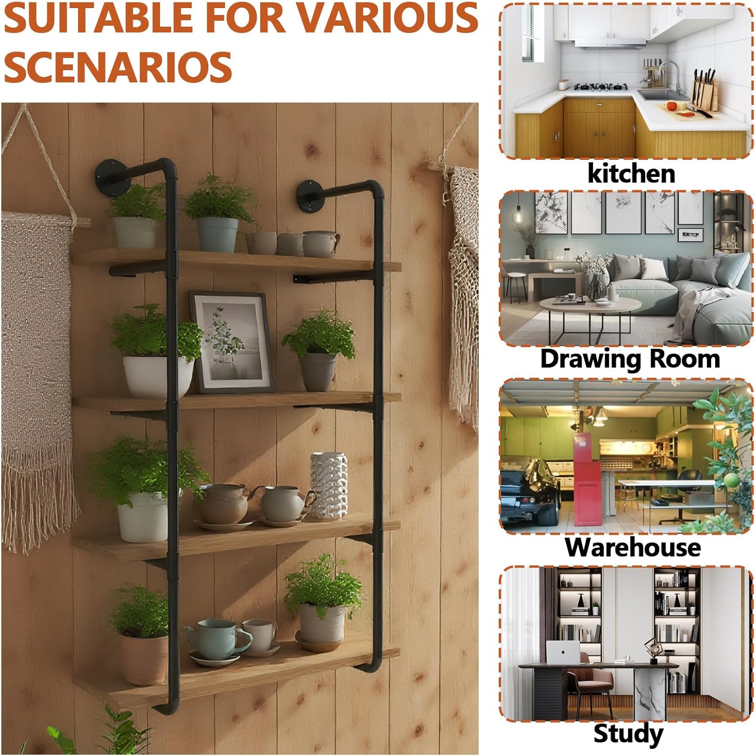 5-Tier Vintage Book Shelf, Industrial Style Display Shelving Unit, Metal and Wood Rustic Brown Bookshelves, Farmhouse Open Book Shelves for Living Room Bedroom Home Office (4-Tier)