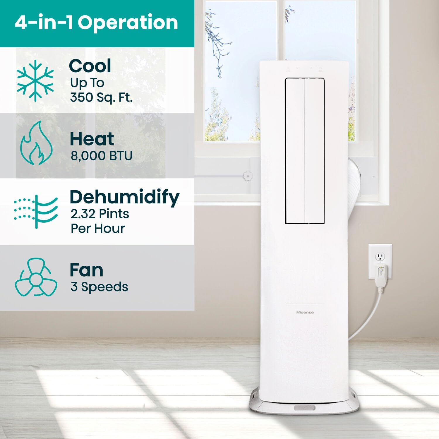 Hisense 8,000 BTU Portable Inverter Air Conditioner with Dehumidifier, Quiet Operation & Dual Hose Design, AC Heater Combo Unit for Room in White