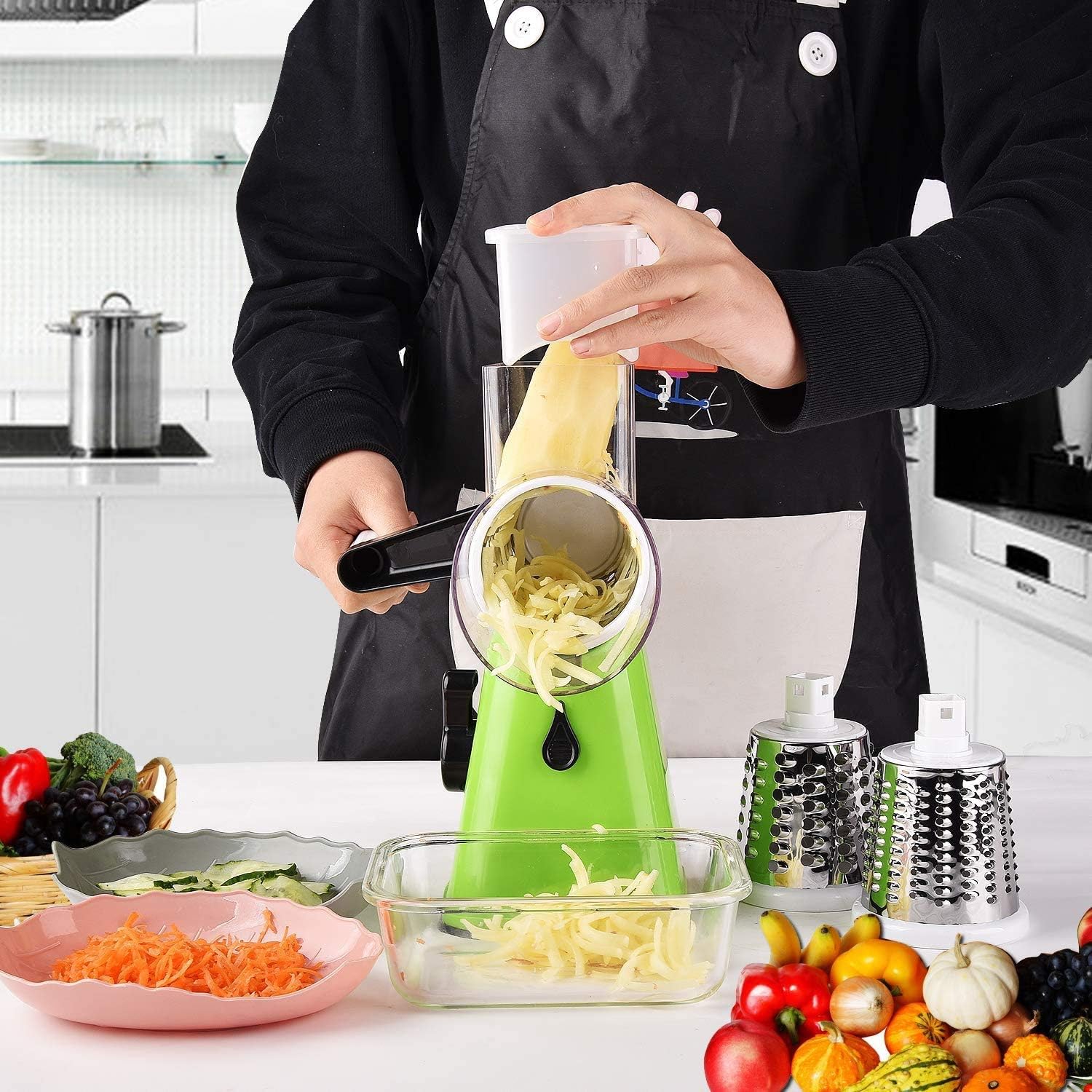 Cheese Grater Vegetable Slicer 3 in 1 - Fruit Cutter Machine Rotating Drum with 3 Stainless Steel Revolving Blades (Green)