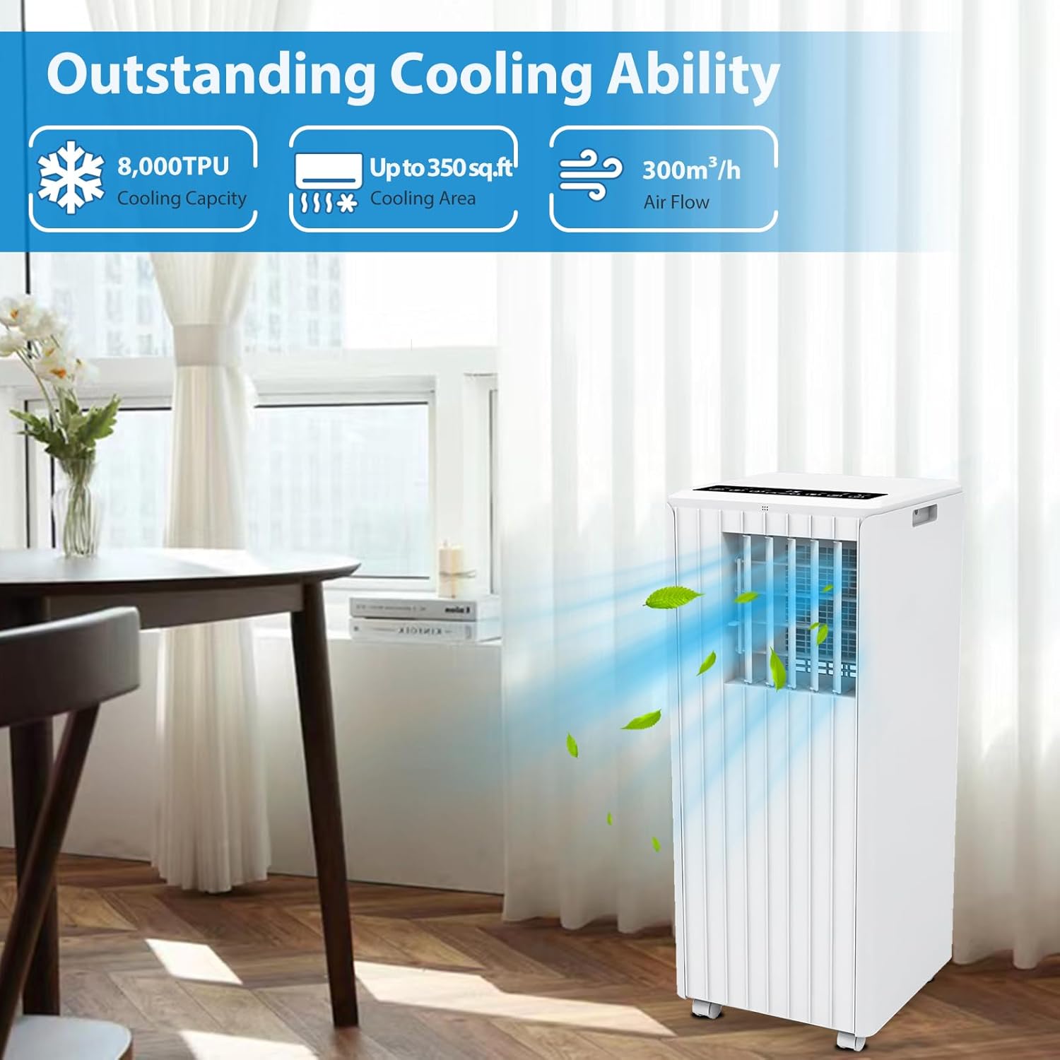 8,000 BTU Portable Air Conditioner with Remote, 3-in-1 AC, Dehumidifier & Fan for Rooms Up to 350 Sq.Ft. Includes Window Installation Kit, 24-Hour Timer, Easy Mobility Wheels & Quiet Operation (White)