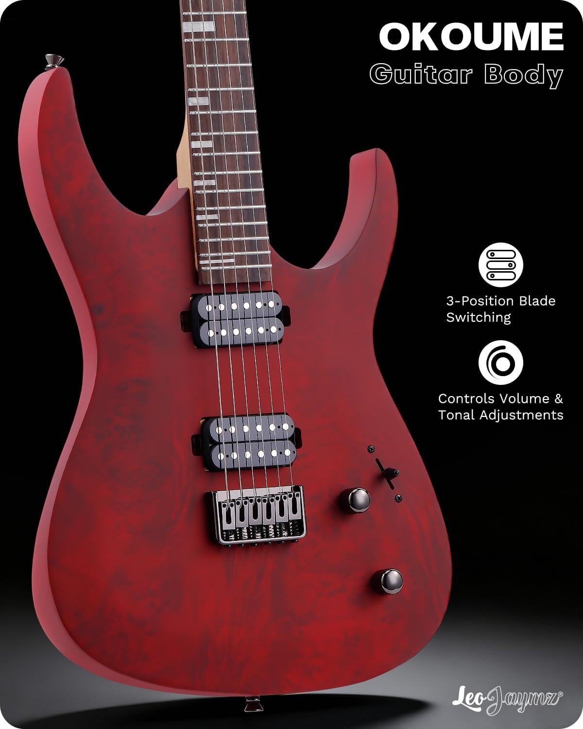 Leo Jaymz Tornado 6-String Electric Guitar, Okoume Body, Maple Neck, Laurel Fingerboard, Dual Alnico V Pickups, Locking Tuners, 3-Way Switch, 24 Frets (Burgundy Burl)