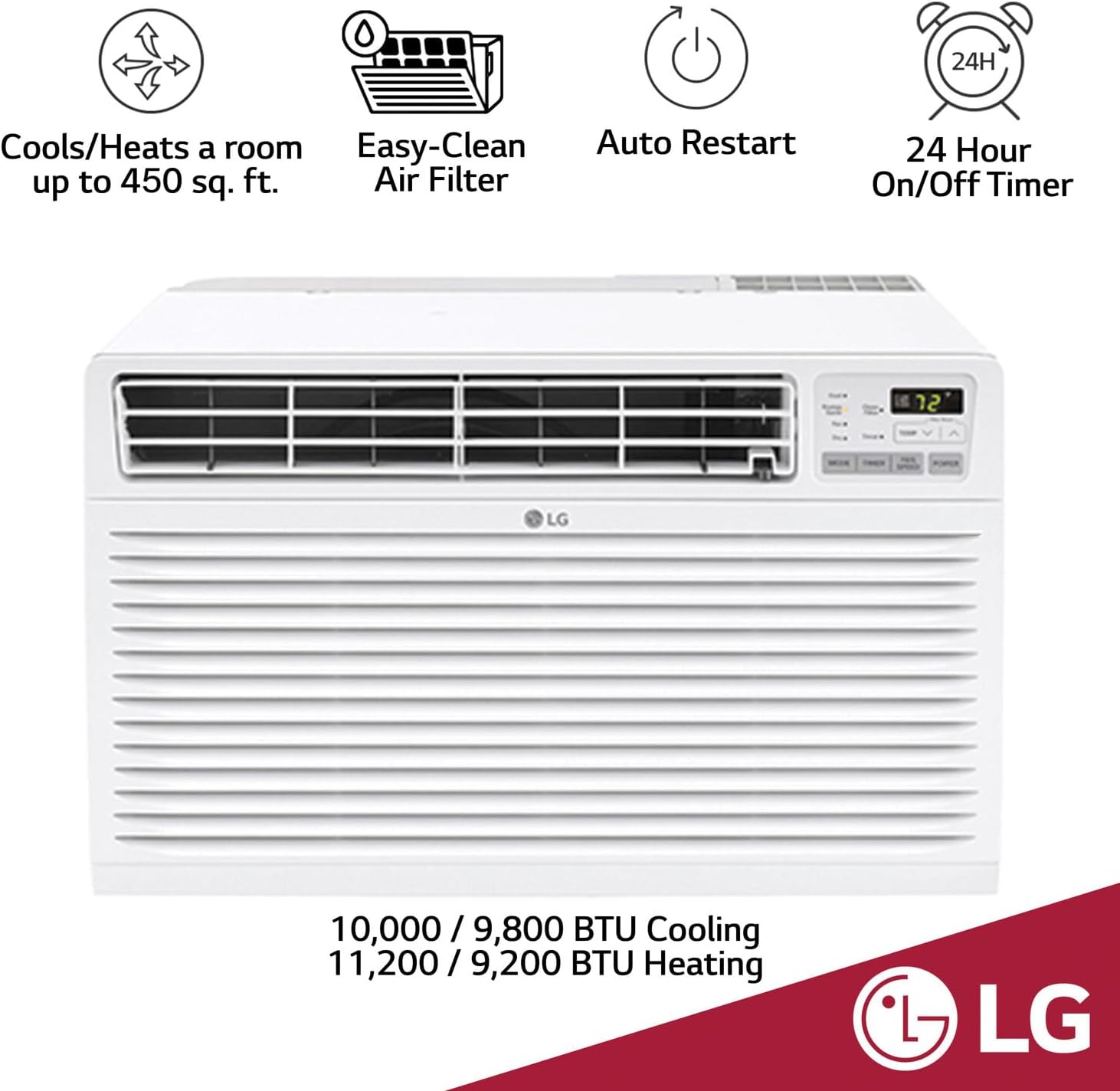 LG 9,800 BTU Through the Wall Air Conditioner with Supplemental Heat, 230V, AC Wall Unit for Rooms up to 440 Sq.Ft. (18' x 25' Room Size), Perfect for Bedroom, AC with Remote and Auto-Restart, White