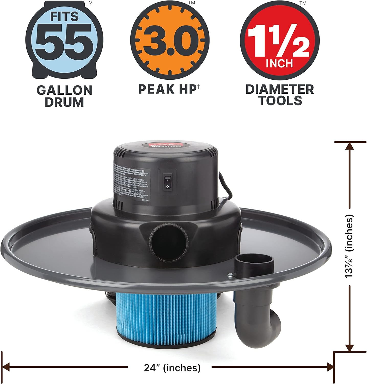 Shop-Vac 9700606 55 Gallon Drum Two-Stage Wet/Dry Head Assembly, 3.0 Peak HP, 1.5 Inch Diameter x 12 Foot Crush-Resistant Hose, 35 Ft Cord Length, For Heavy-Duty Wet/Dry Pickup With Blower Feature