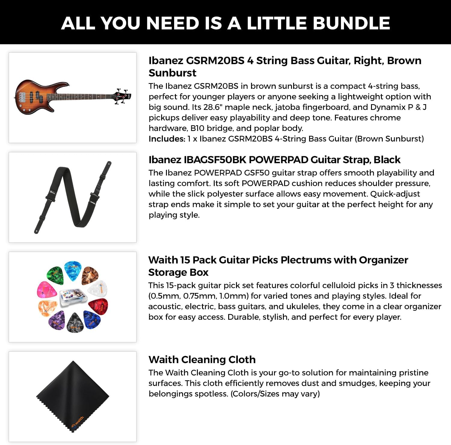 Ibanez GSRM20 4-String Bass Guitar (Brown Sunburst) - Right Handed Poplar Body Bass with GSF50 Powerpad Strap, 15 Pack Guitar Picks with Storage Box & Microfiber Cleaning Cloth (Bundle Set)