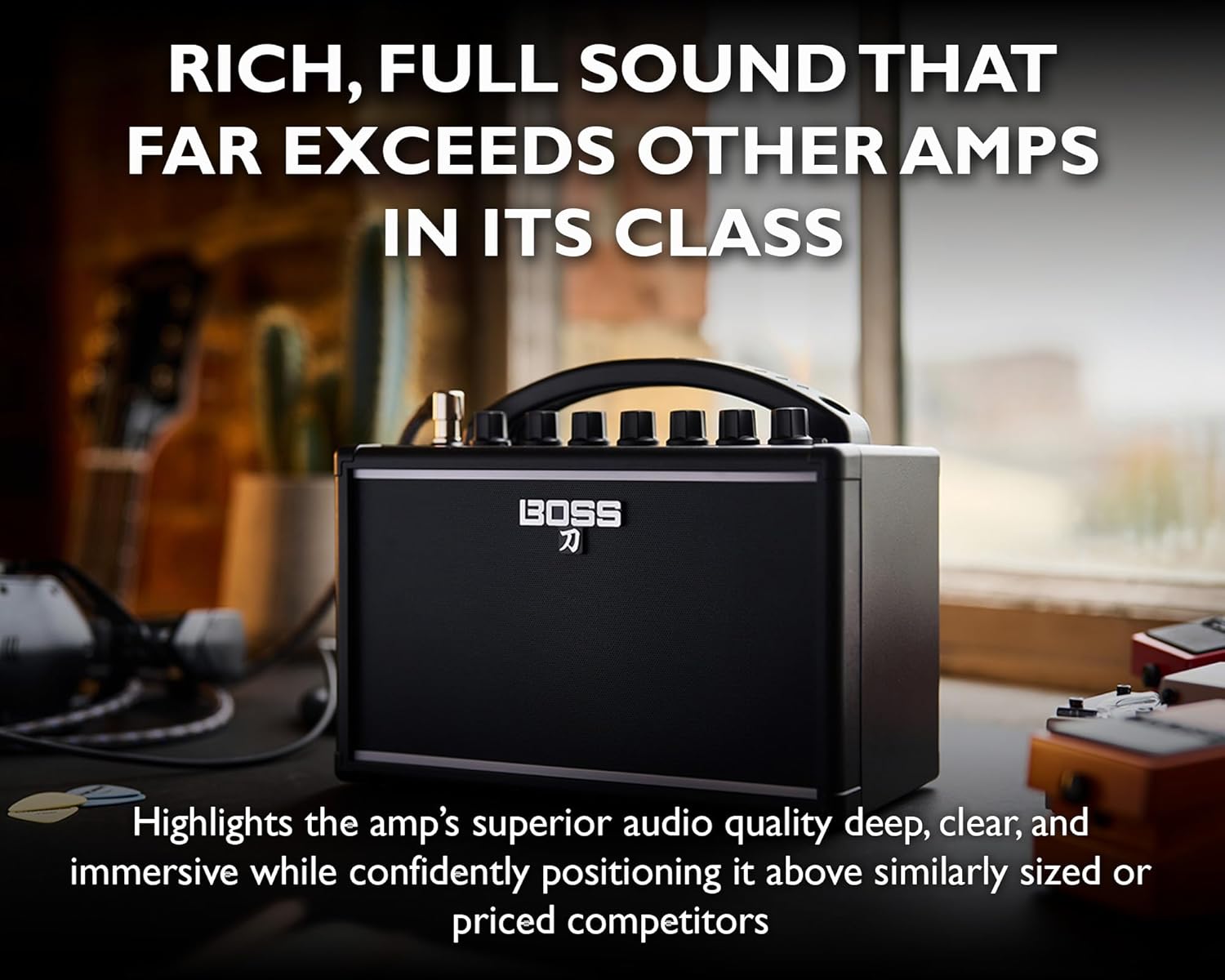 Boss Katana Mini Guitar Amplifier Bundle with Gearlux Power Supply, Instrument Cable, Austin Bazaar Exclusive 24-Pack Picks, and Polishing Cloth