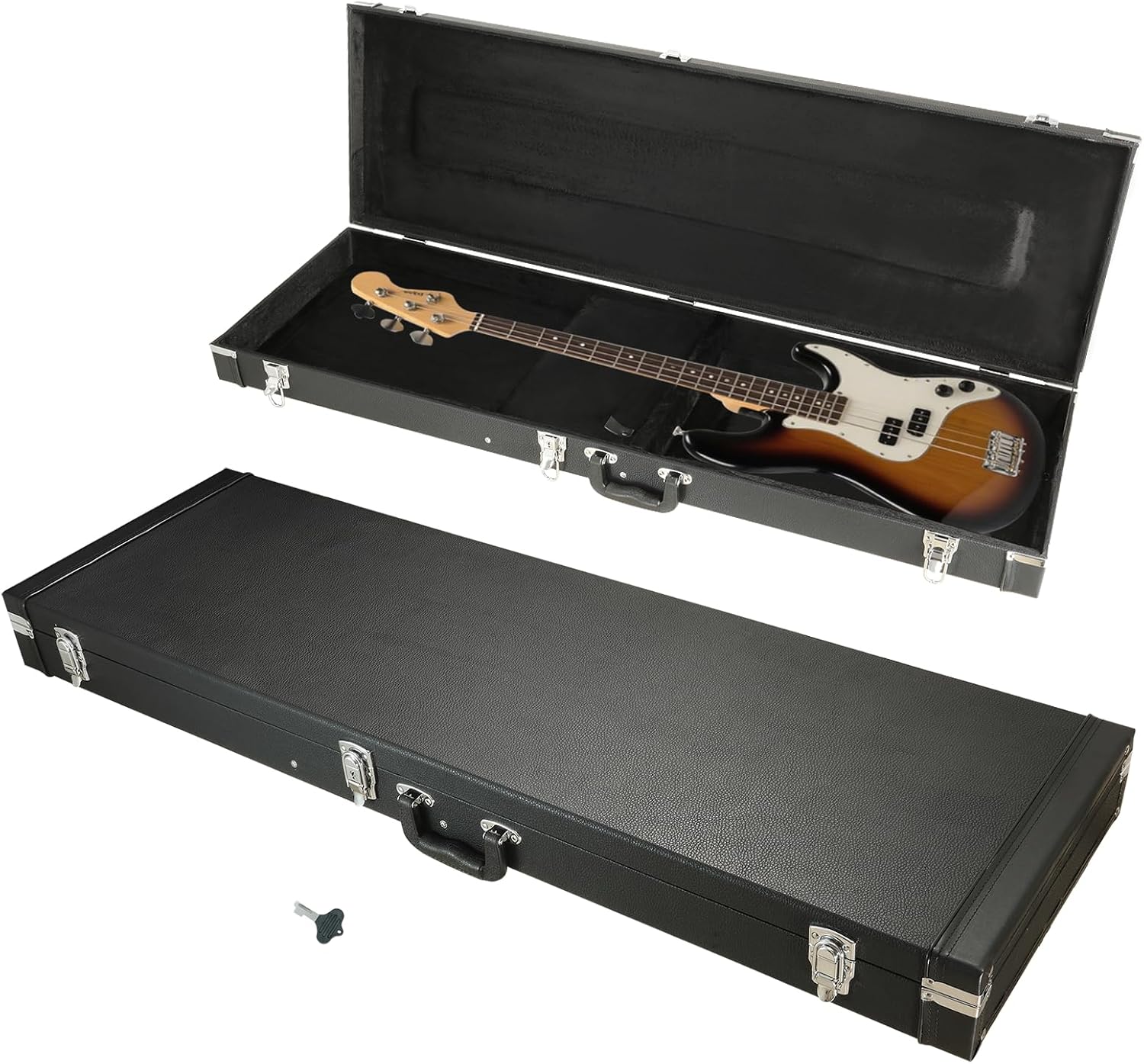 Electric Bass Guitar Hard Case Wooden Hard Shell Black Carrying Case Lockable with Key Square - 48 x 15.4 x 3.5 inches