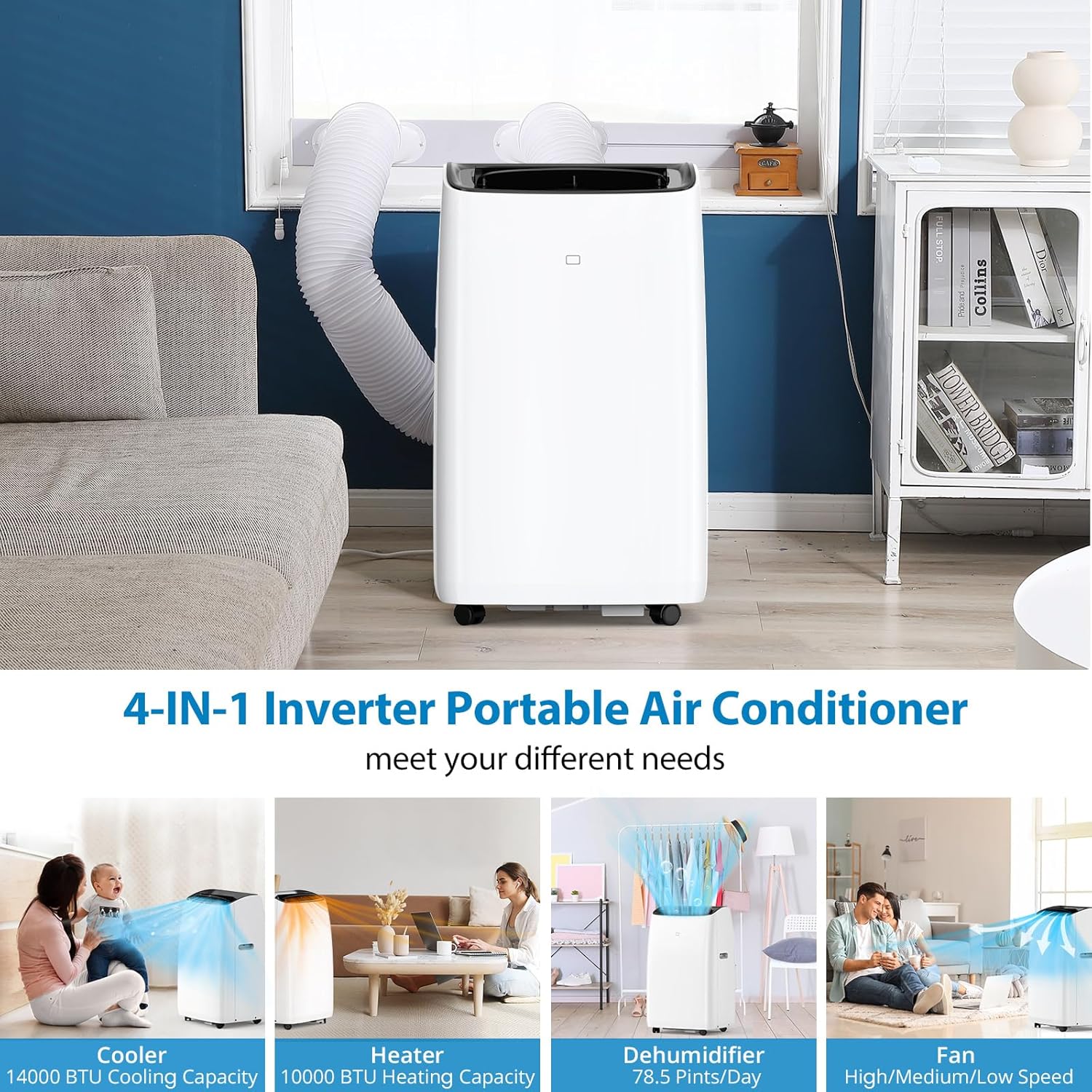 14,000BTU Inverter Dual Hose Cooling Portable Air Conditioner, Heater, Dehumidifier & Fan w Remote Control, Standing AC Unit Sleep Mode 42db, 24H Timer, Cooling up to 750 Sq Ft w Window Kit