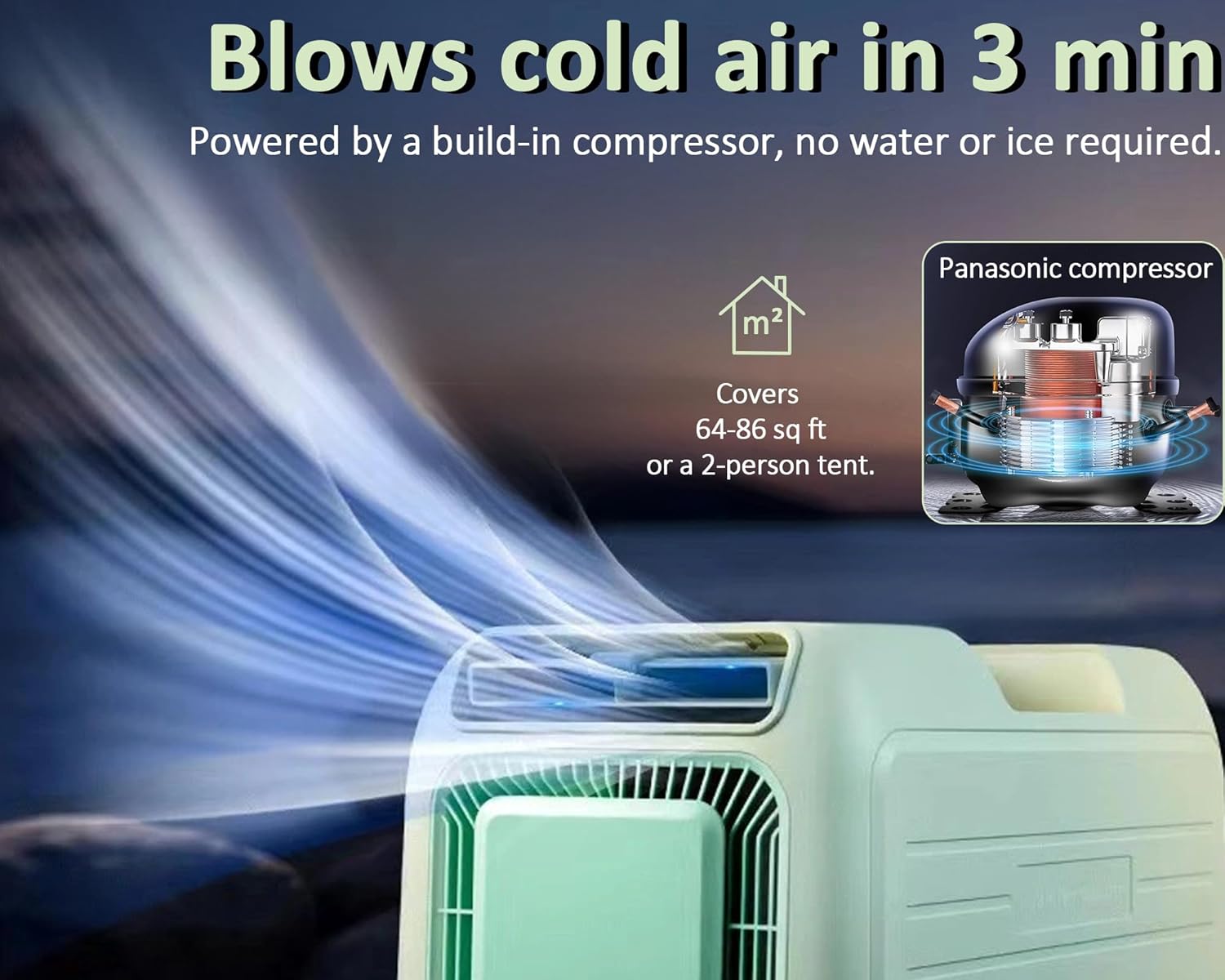 Portable Air Conditioner, 3400 BTU/1000W Compact AC Unit for a 2-person Tent, RV, Camping, Vanlife, Outdoor, Pet Care – Cools up to 65-86 sq ft, Low Power Consumption, Remote Control