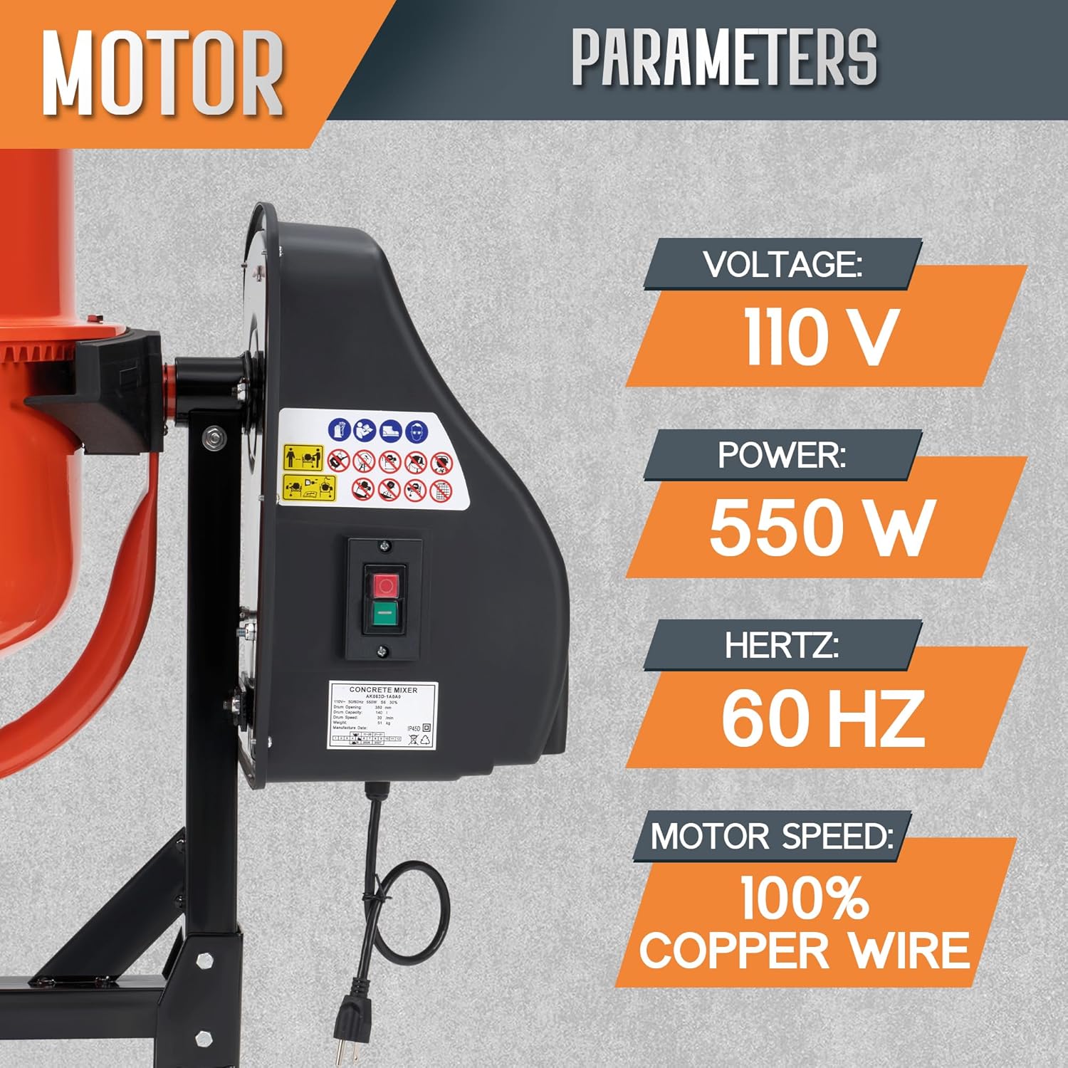 SPECRAFT 4.9 Cu.Ft. Electric Cement Mixer, 550W Portable Concrete Mixing Machine with 140L Drum, 110V Motor, 30RPM Rotation for Mortar, Stucco, and Feed