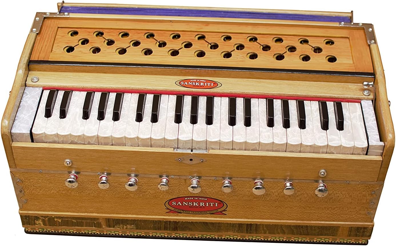 Harmonium by Maharaja Musicals, In USA, 9 Stops, 3 1/2 Octave, Double Reed, Coupler, Natural Color, Standard, Padded Bag, A440 Tuned, Musical Instrument Indian Sangeeta (PDI-AABG)