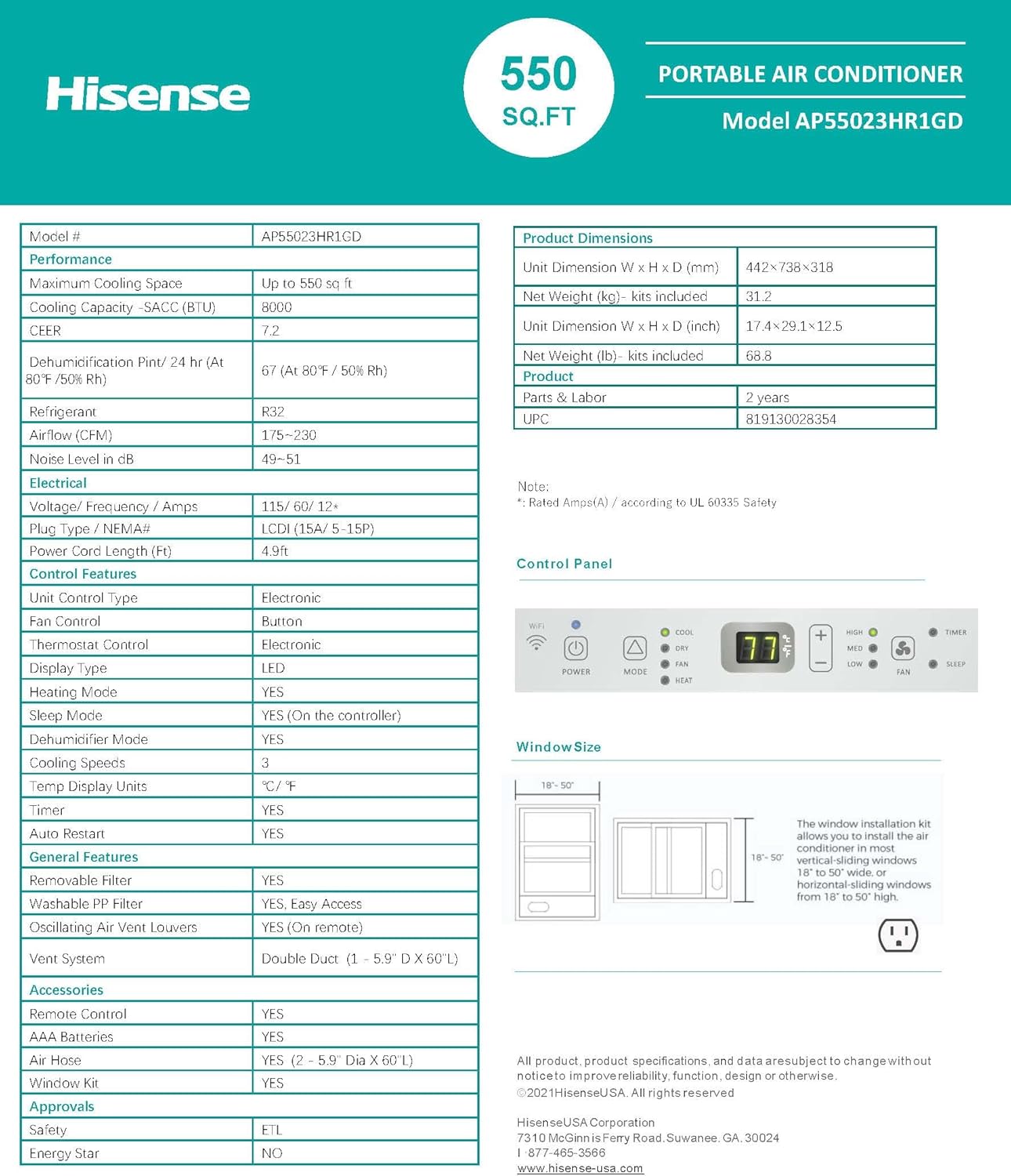 Hisense AP55023HR1GD Smart 8,000 BTU Dual Hose Portable Air Conditioner with Heat Pump (Renewed)