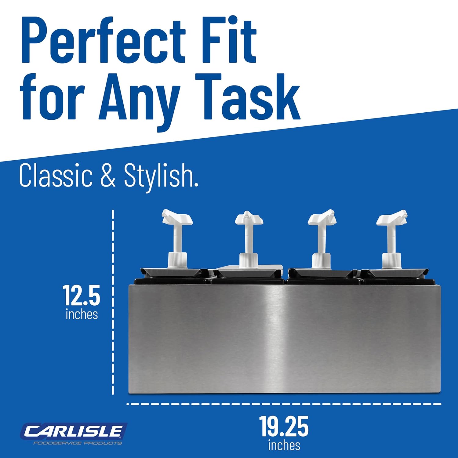 Carlisle FoodService Products Condiment Rail Condiment Center with 4 Standard Pumps for Gas Stations, Restaurants, and Fast Food Stainless Steel, 19.25 X 7.75 X 12.5 Inches, Silver