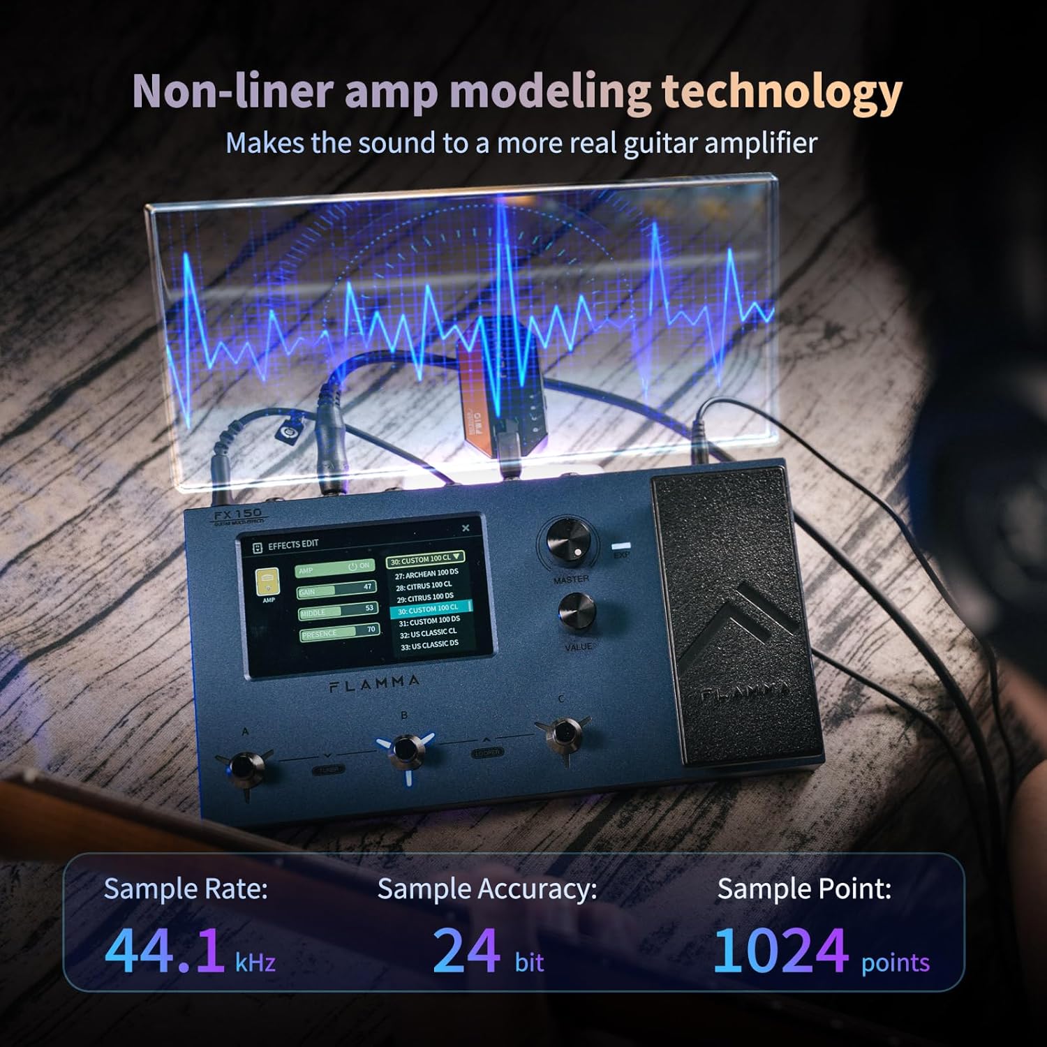 FLAMMA FX150 Multi Effects Processor Electric Guitar Pedal with Amp Modelling Cabinet Simulation Global EQ Touchscreen 160 Built-in Effects 180 Editable User Effects Slots Looper Main I/O Ports