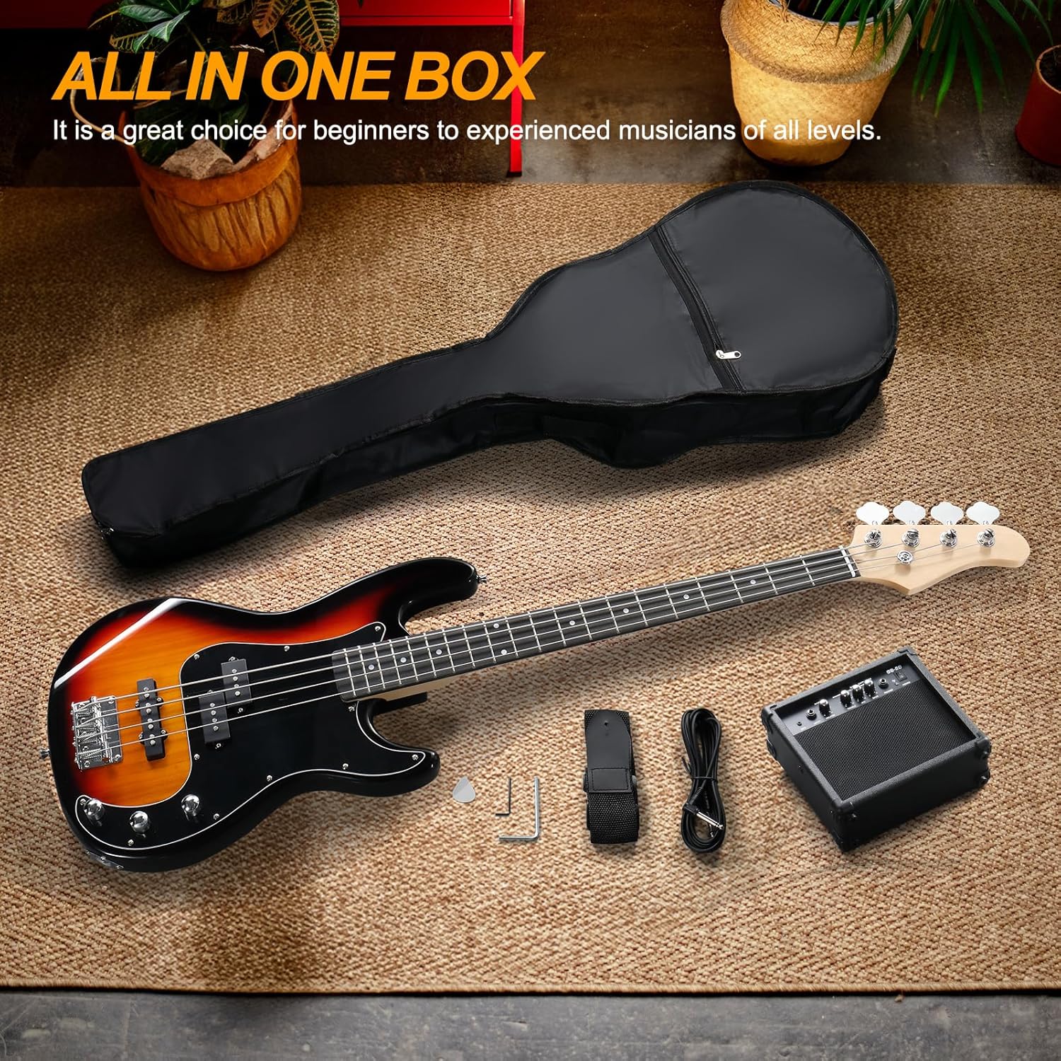 Ktaxon 4 String Bass Guitar, Bass Kit Full Size Guitar Starter Kit with 20W AMP, Portable Gip Bag, Premium Cable, Adjustable Guitar Strap, Picks and Wrench, Gift For Music Lover(Bass Set-Sunset)