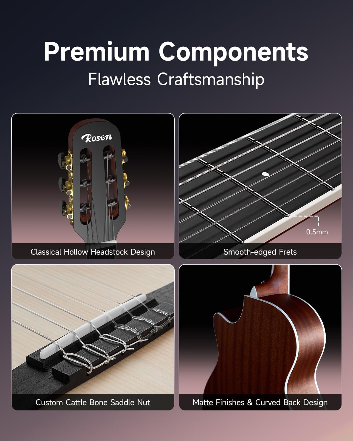 Rosen V1 Hybrid Acoustic Guitar for Beginners Adults Patented Body with Solid Spruce Top & Soft Touch Strings Thin Neck & Open Pore Matte 38 Inch,Black