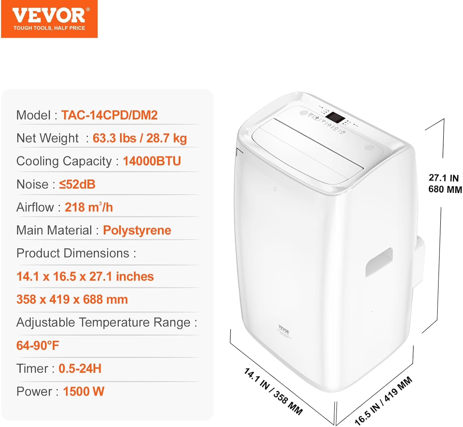 VEVOR Portable Air Conditioner 14,000 BTU, AC Unit with Built-in 3-in-1 Cool, Dehumidifier & Fan Modes for Room up to 700 sq.ft, Includes Remote Control & Window Kit