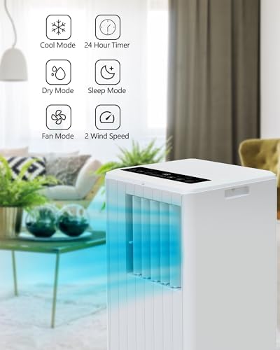 8000 BTU Portable Air Conditioner - 3 in-1 Cooling, Dehumidifier & Fan with Quiet Operation, Sleep Mode, 24H Timer & Energy Savings, for Rooms Up to 350 Sq.Ft, Includes Remote Control, Reusable Filt