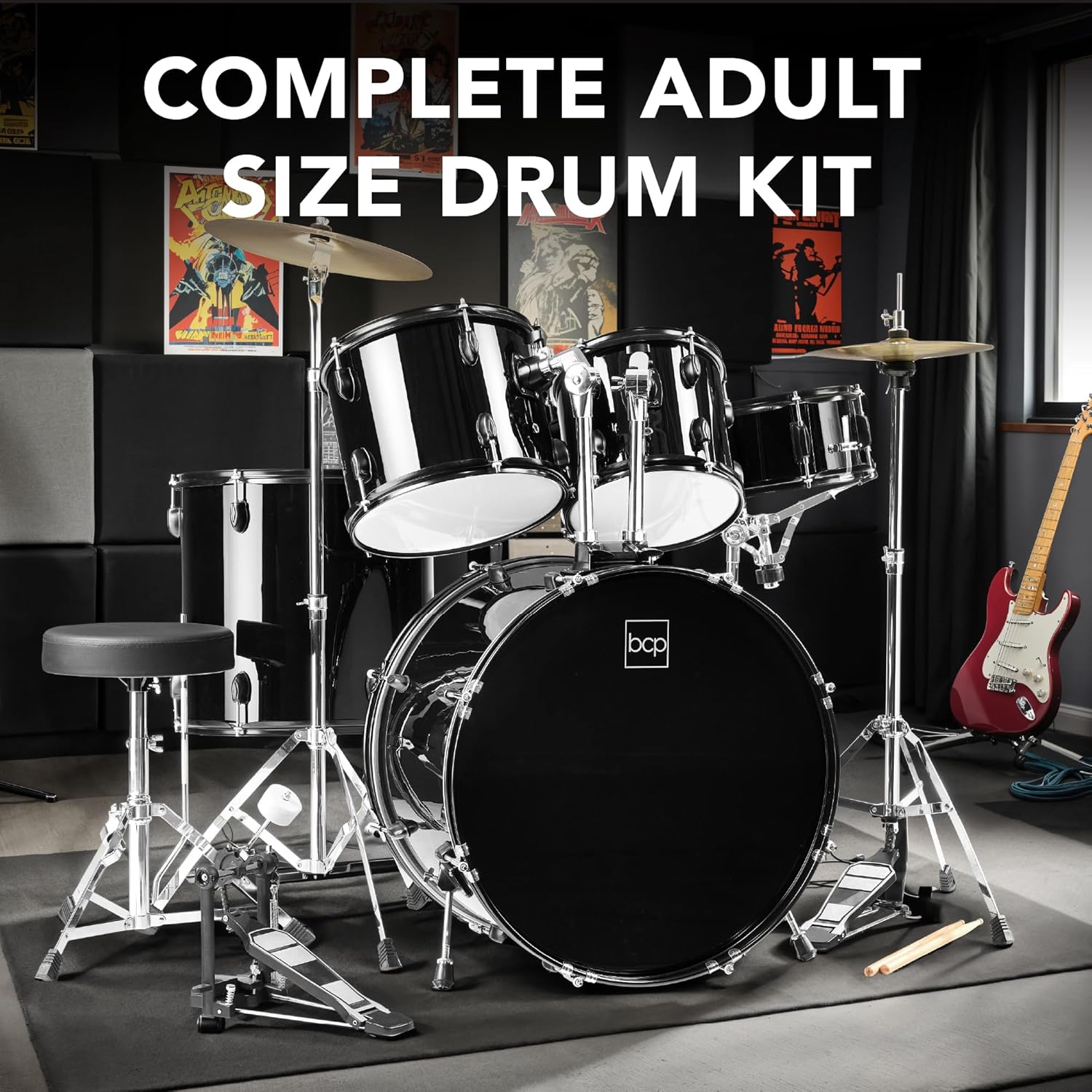 Best Choice Products 5-Piece Full Size Complete Adult Drum Set w/Cymbal Stands, Stool, Drum Pedal, Sticks, Floor Tom - Black