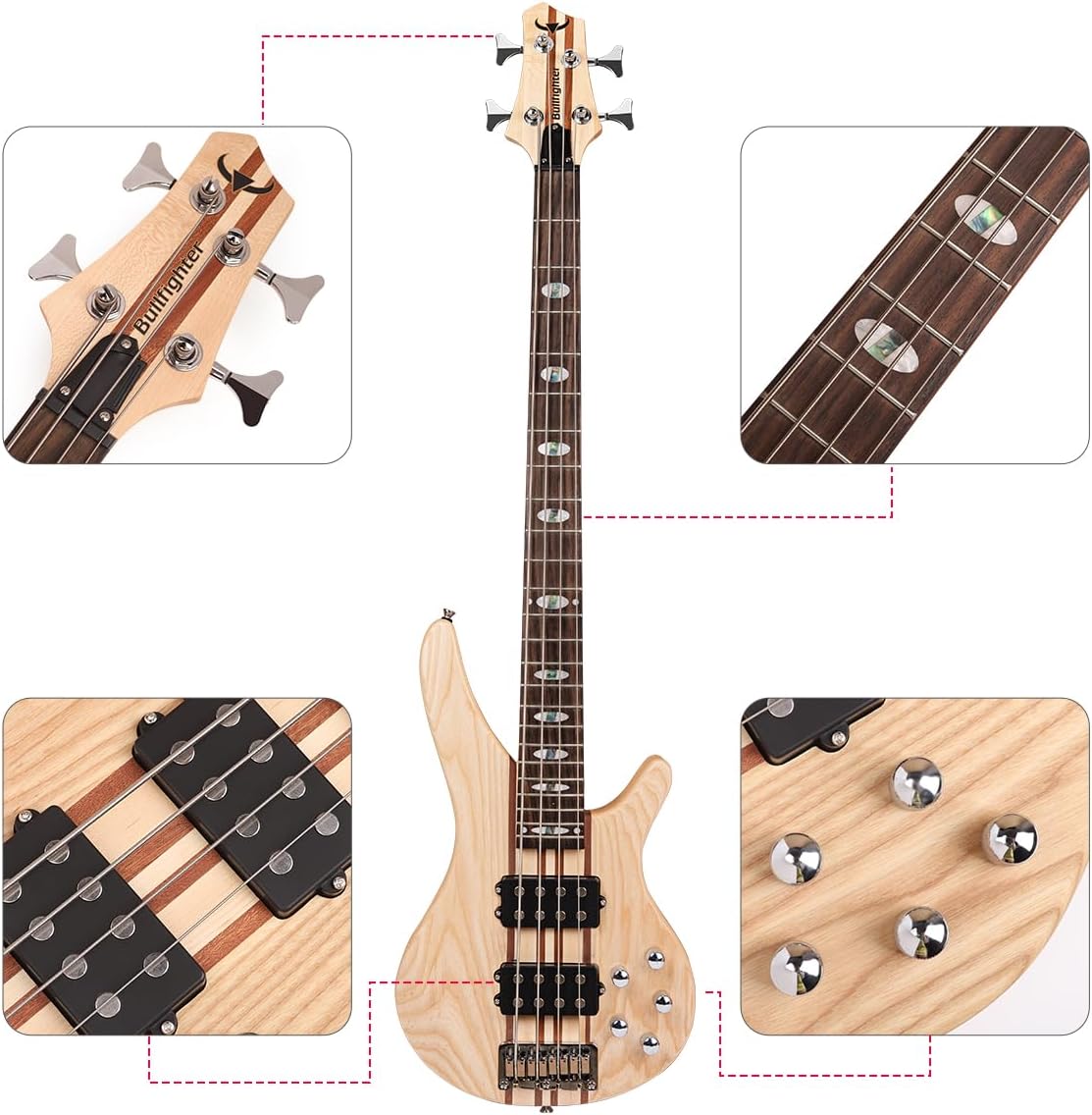 Bullfighter Elem Electric Bass Guitar Through Body 4/5 Strings Full Size P Bass Beginner Kit Black for Starter with Gig Bag, Guitar Strap, and Bass Guitar Cable DBS Series (wood-4string)