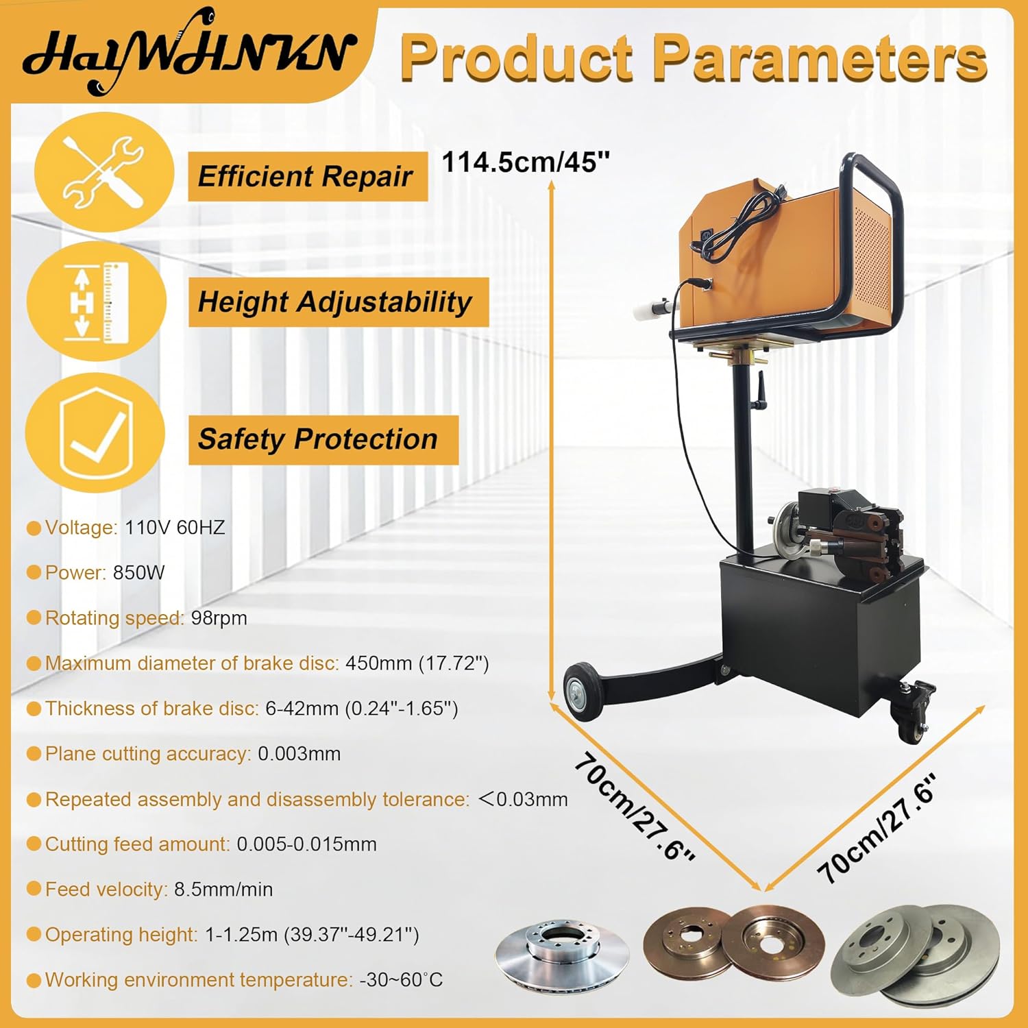 Brake Disc Resurfacing Machine 110V On-Car Brake Disc Lathe Tool Repair Polishing Machine with Robust Cutter Head, 17.72in Dia 0.24-1.65'' Thickness, for Various Vehicles in Auto Repair Shop