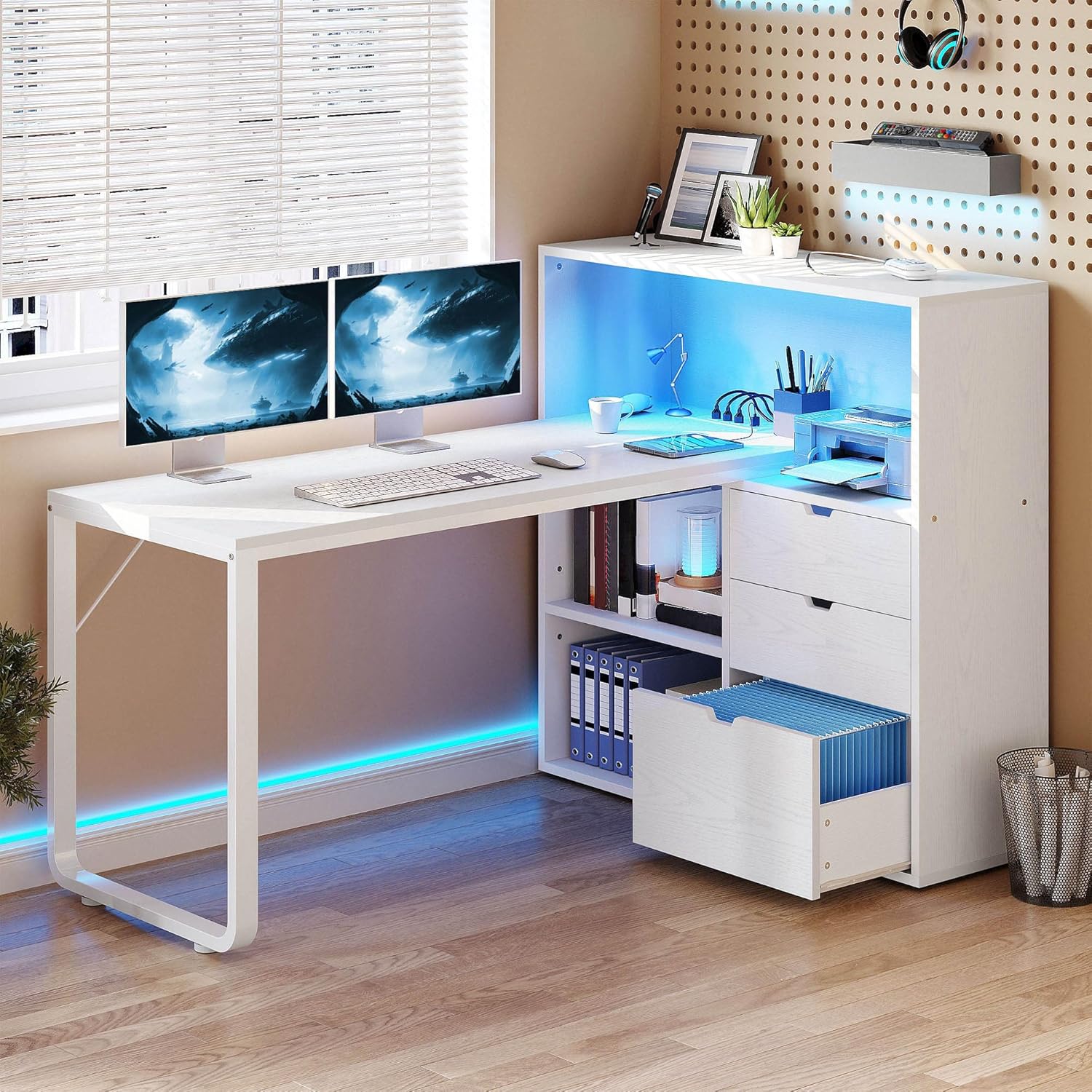 DWVO L Shaped Desk with Drawers, 55