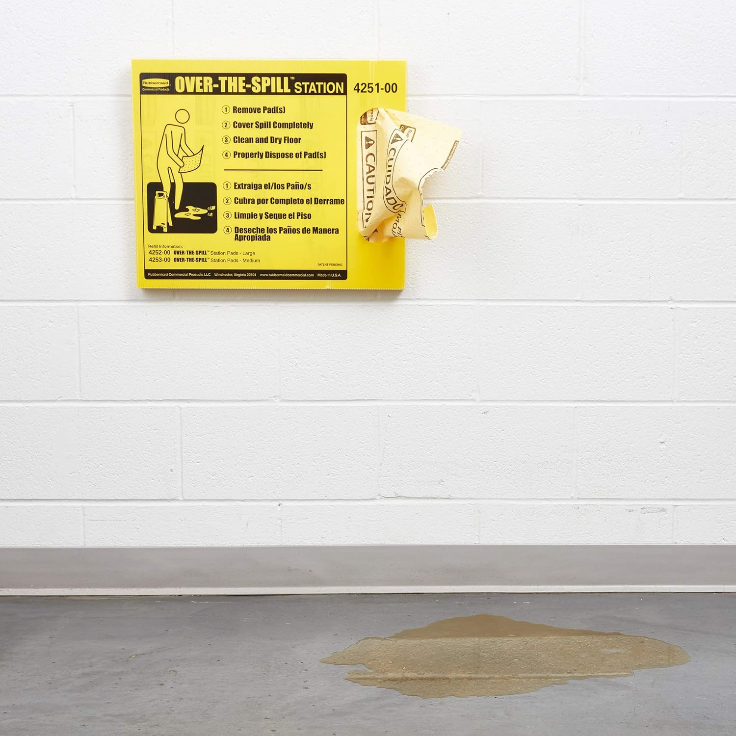 Rubbermaid Commercial Products Over the Spill Pad Station Kit Absorbent Mat Pads Yellow Large Fast at Absorbing Water/Oil/Beverages For Residential/Commercial/Restaurant/Office/Facility Use