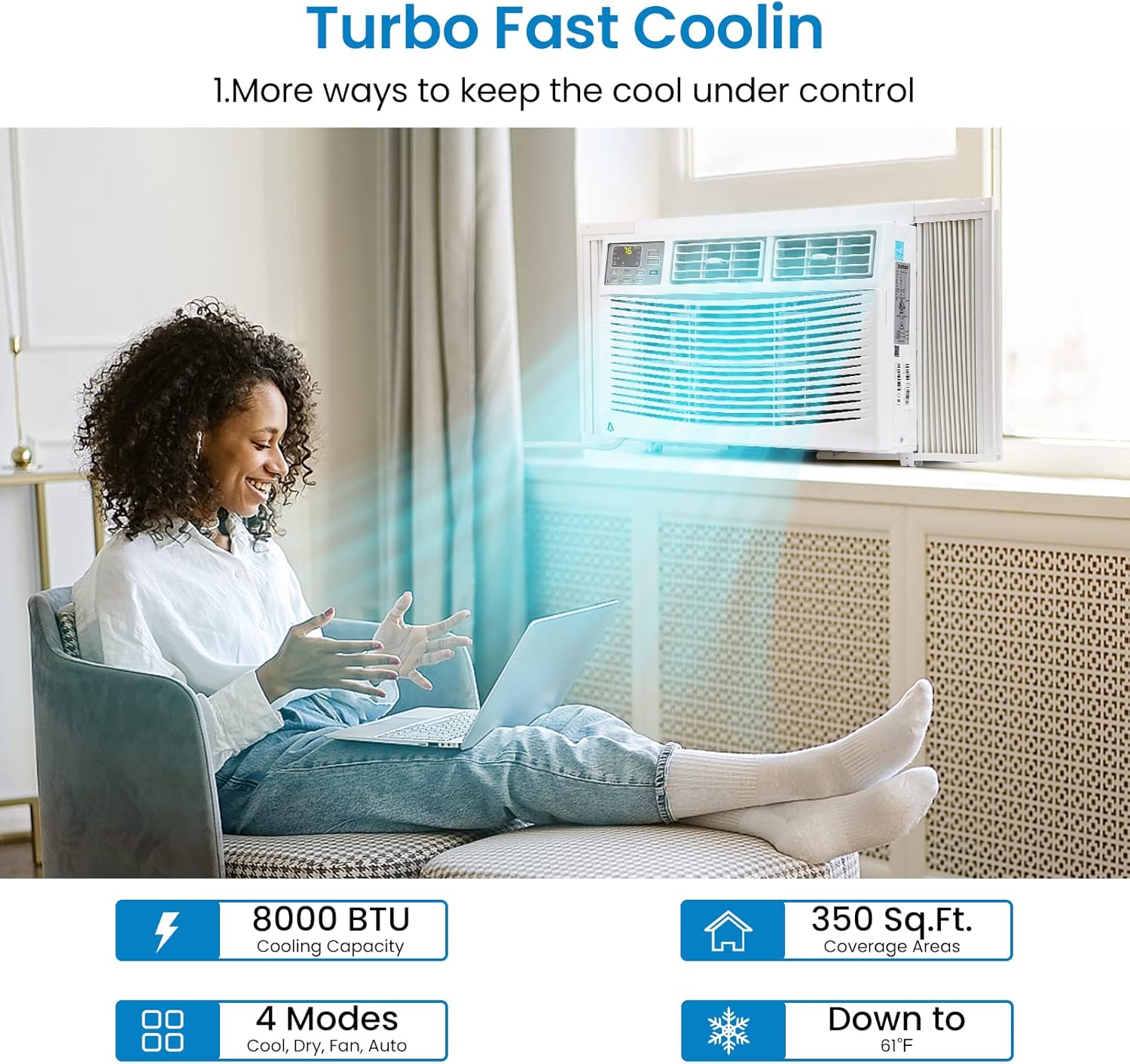 8000 BTU Window Air Conditioner with WiFi, Window AC Unit Cools Up to 350 Sq. Ft with Cooling, Dehumidifier, 3 Fan Speed, Energy Saving with Remote & App Control & Timer Function, Perfect for Room