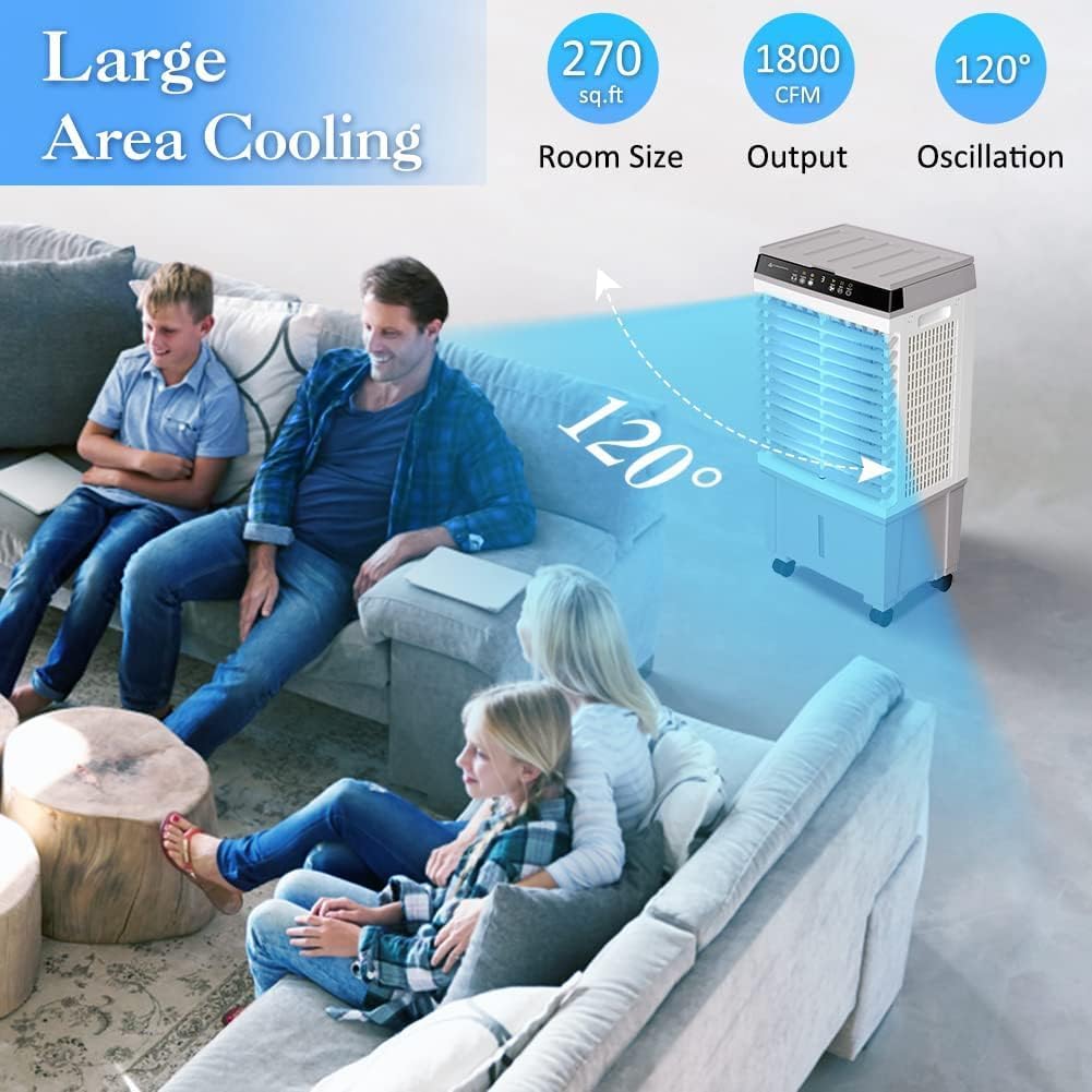 LifePlus Windowless Air Conditioner Evaporative Air Cooler Swamp Cooler 1800CFM Portable Cooling Fan with 4 Ice Packs, 12H Timer, Remote Control, 5.2 Gallon Water Tank for Indoor Patio