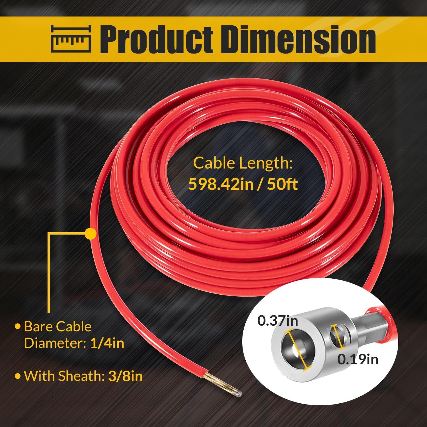 Replacement for FlexShaft Cable Assembly 64343 K9-102, 1/4” x 50 ft with Sheath and Couplings, Compatible with RIDGID K9-102 Drain Cleaning Machine for 1-1/4” to 2” Pipes