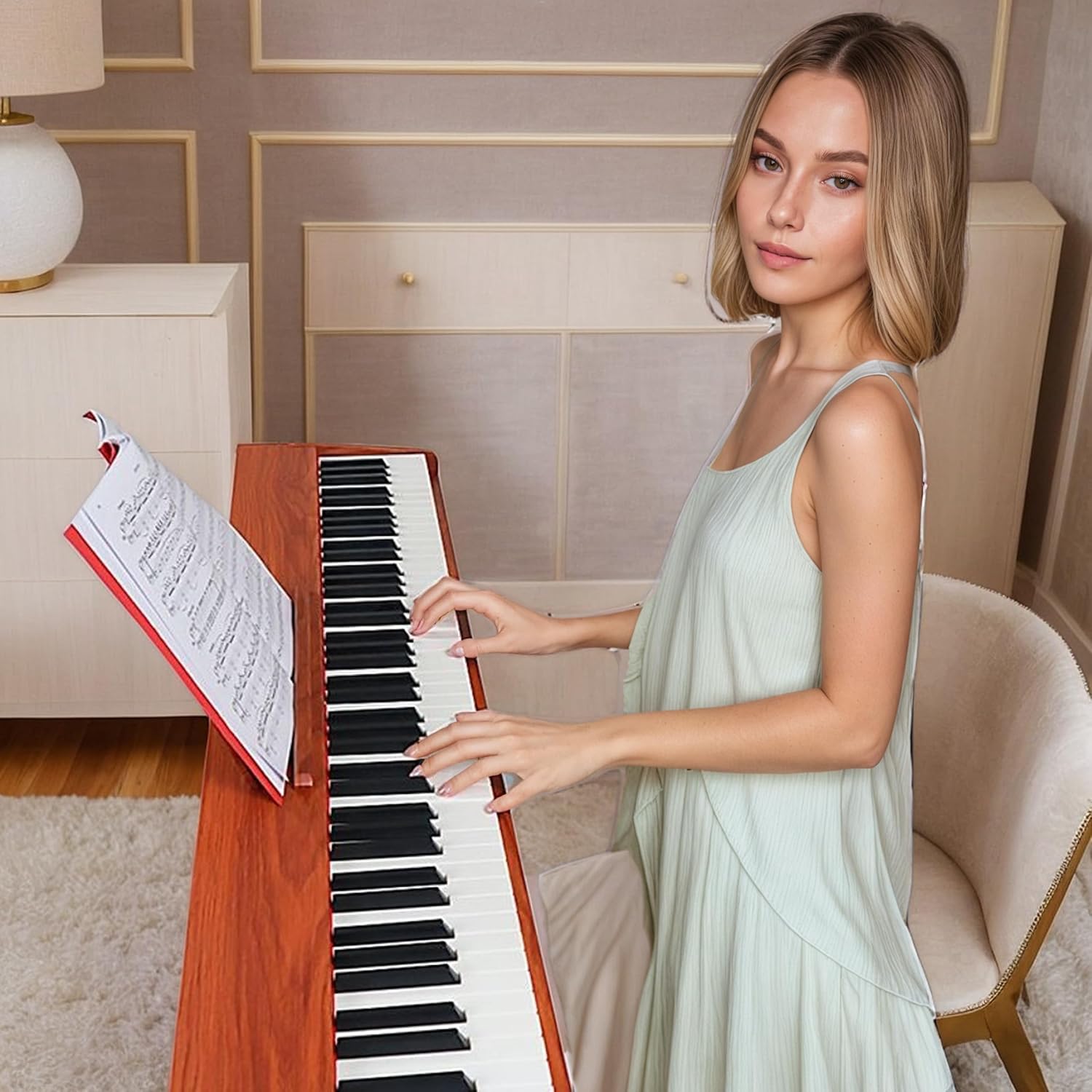 PLYOR 88 Keys Digital Piano Semi Weighted Keyboard, Wooden Desk Electric Piano Transforms Between Desk and Vanity, Home Piano for Beginner Music Learner, Brown (BrownColor)