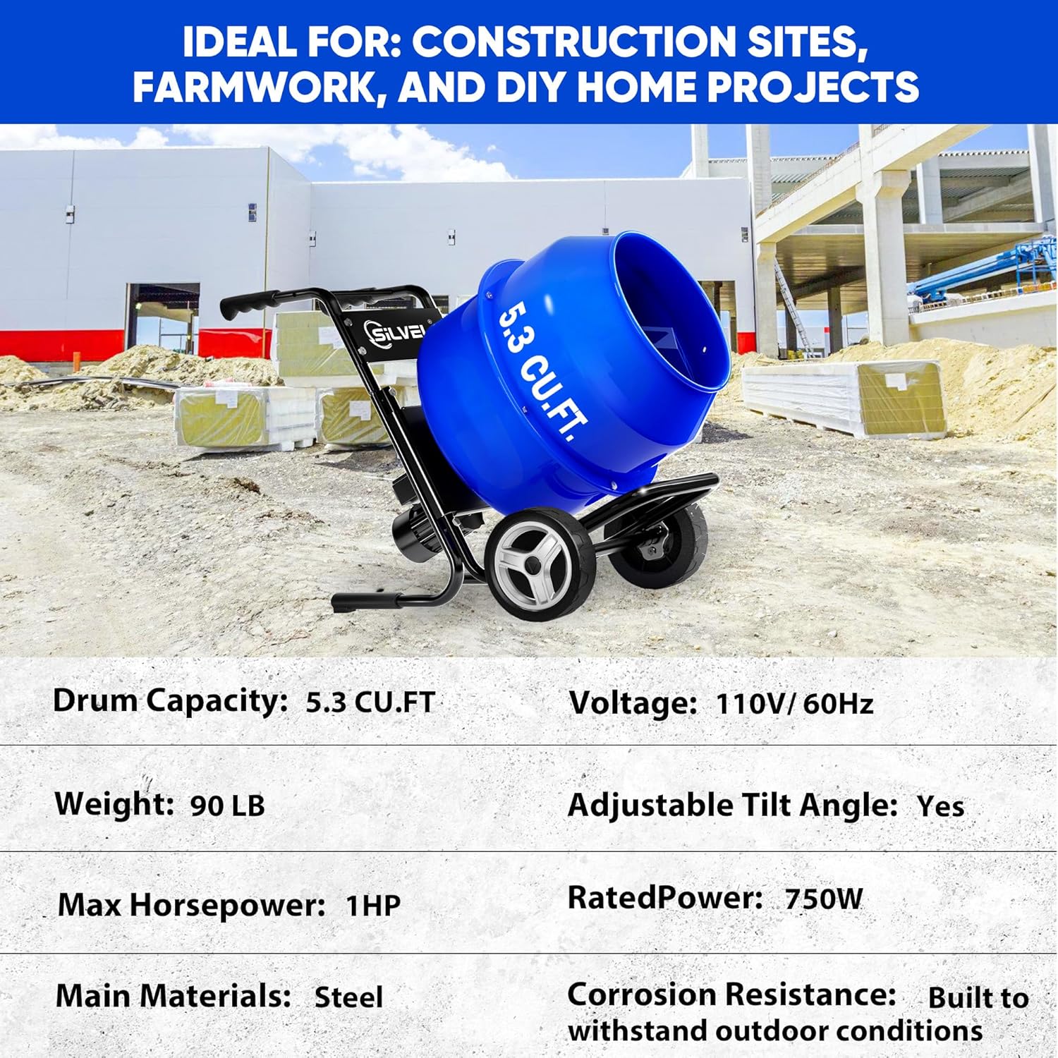 SILVEL Concrete Mixer 5.3 Cu.Ft. – 750W 1HP Cart-mounted Electric Cement Mixer, Heavy Duty Power Cement Mixing Machine for Mortar, Stucco and Fodder, Blue