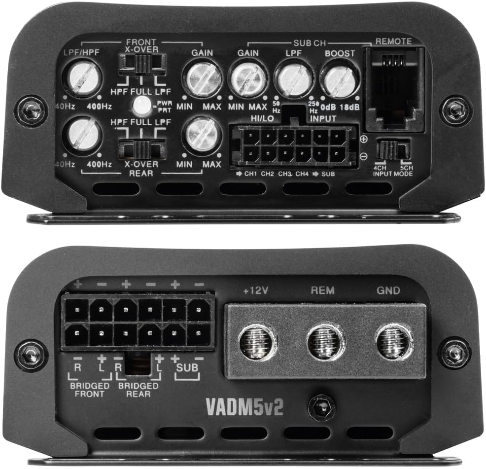 NVX VADM5 v2 Model 1500W Peak (750W RMS) V-Series Micro Full-Range Class D Compact 5-Channel Car/Marine/Powersports Amplifier with Remote Bass Knob (VADM5v2)