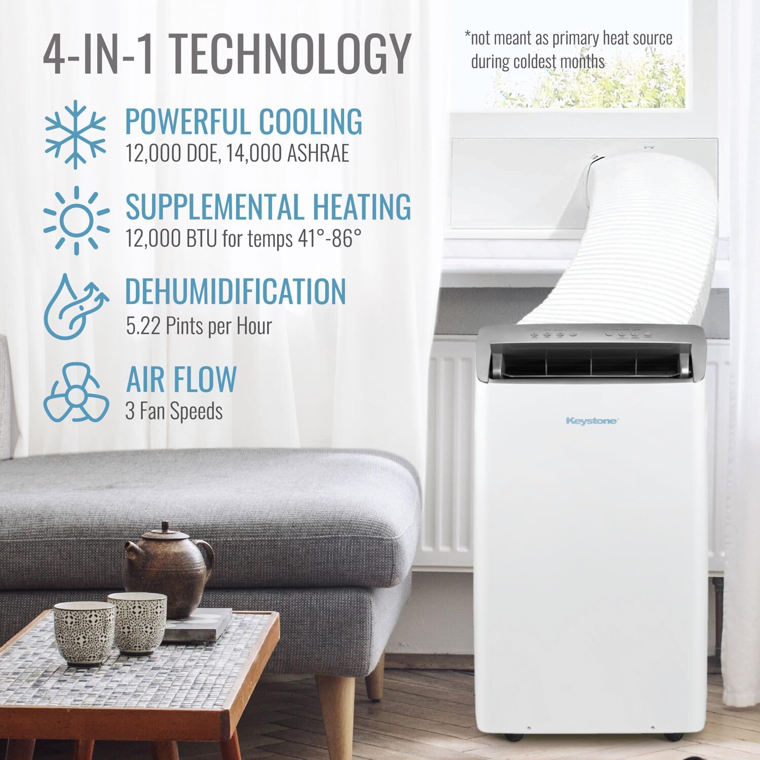 Keystone 14,000 BTU ASHRAE/12,000 BTU DOE Portable Inverter Air Conditioner with Heater, Quiet, High Efficiency Operation and Remote, AC Unit for Apartment, Living Room, Medium Rooms up to 550-Sq. Ft.