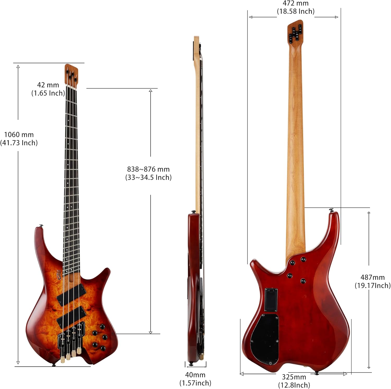 4 String Headless Electric Bass Guitar poplar body Carbon Fibre Maple neck fanned fret