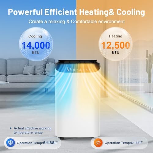 14000 BTU Portable Air Conditioner and Heater for Room up 700 Sq. Ft.,4-IN-1 Quiet Portable Ac Unit with Heater Dehumidifier Fan Function, Remote Control, Sleep Mode, 24H Timer (Black)