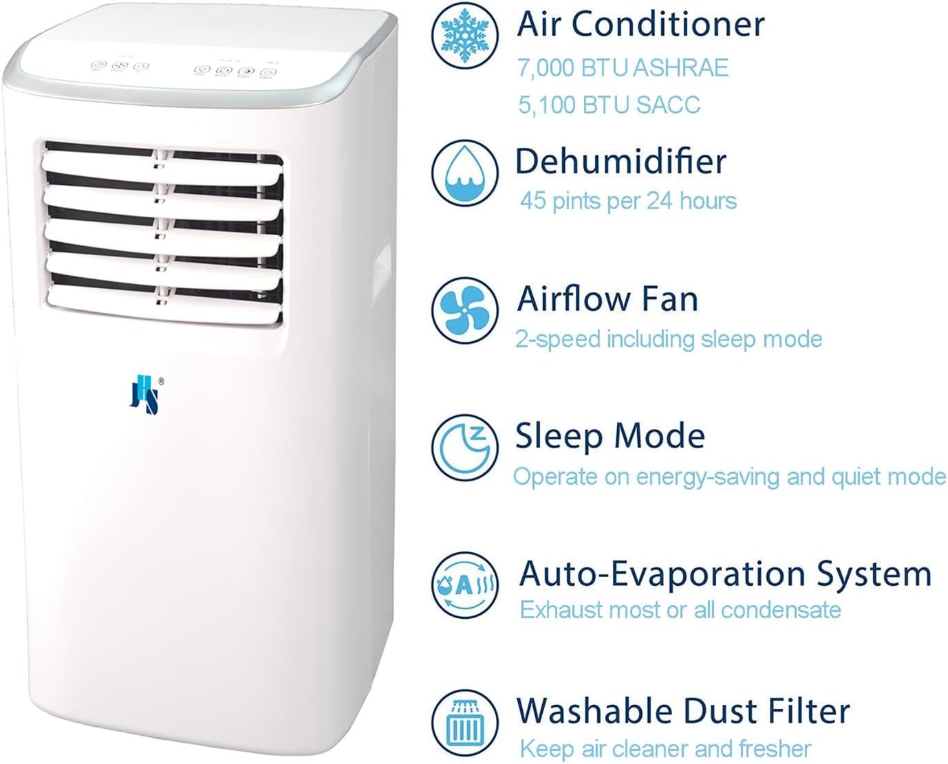 JHS 7,000 BTU Portable Air Conditioner with Dehumidifier and Fan for Bedroom, Living Room, or Basement, 115V, AC for Rooms up to 250 Sq.Ft with Remote Control, LED Display, 24H Timer, Wheels, White