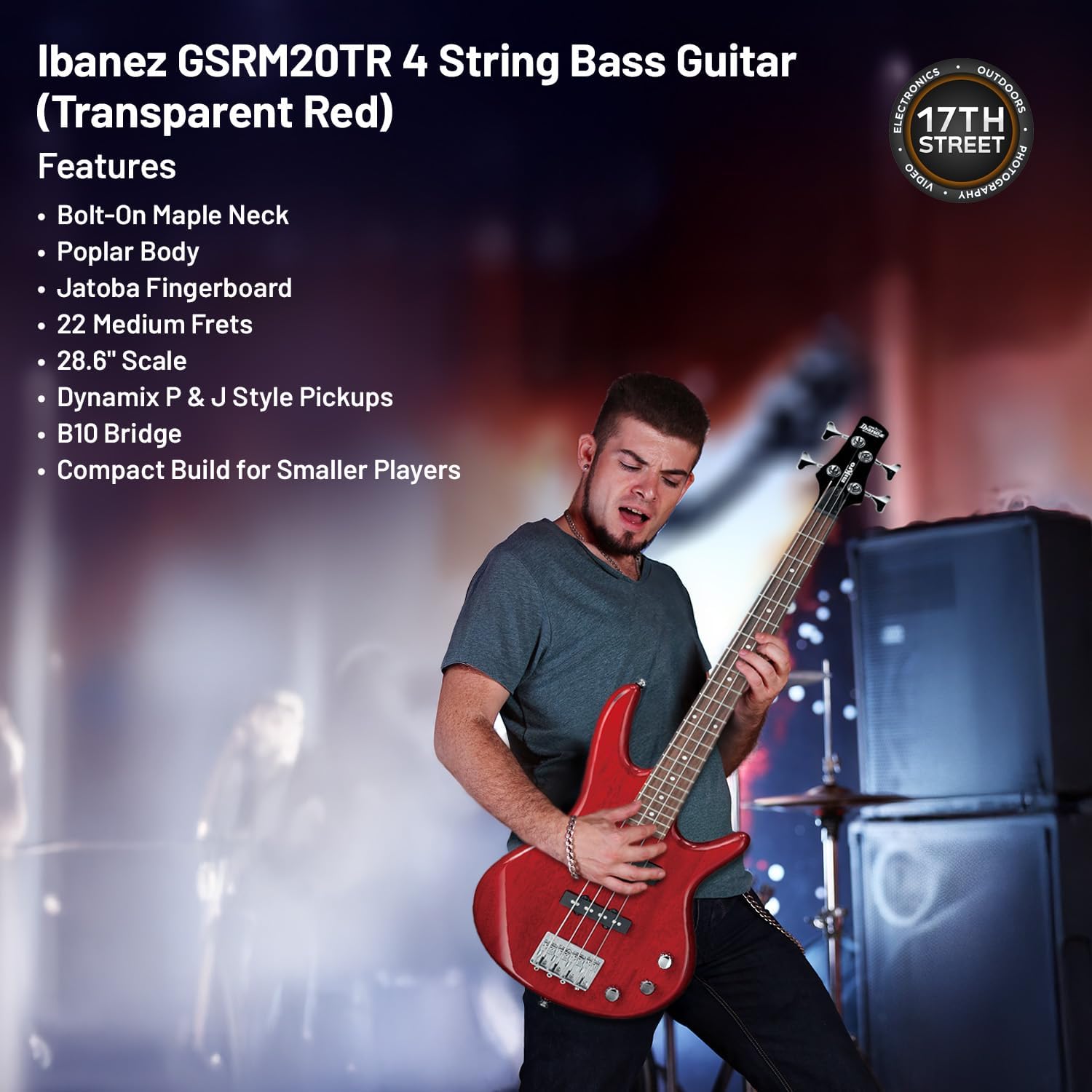 Ibanez GSRM20 4-String Bass Guitar (Transparent Red) - Right Handed Poplar Body Bass with GSF50 Powerpad Strap, 15 Pack Guitar Picks with Storage Box & Microfiber Cleaning Cloth (Bundle Set)