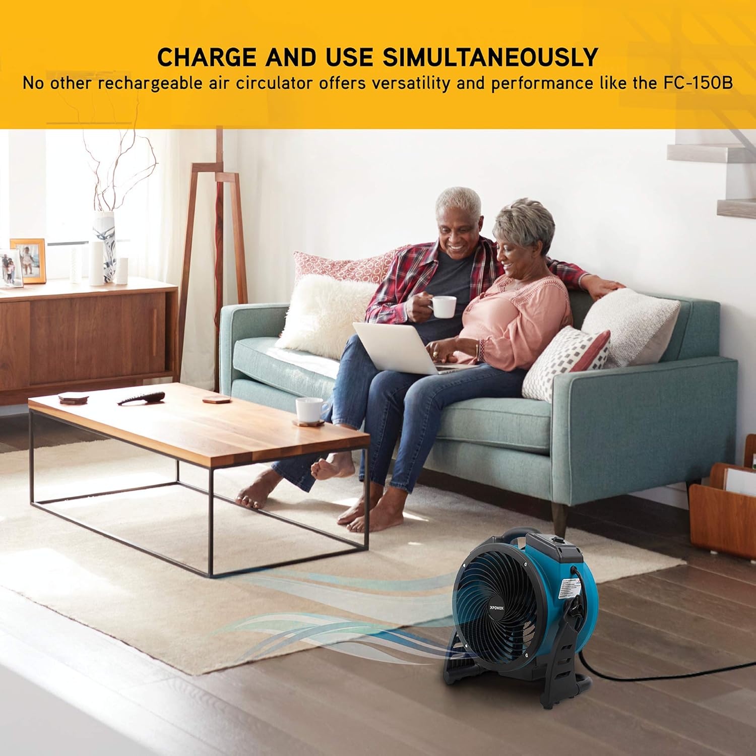 XPOWER FC-150B Portable High Velocity AC/DC Dual Power Operated Portable Rechargeable Battery 18,200mAh Utility Fan, Extended Air Flow, 1000 CFM