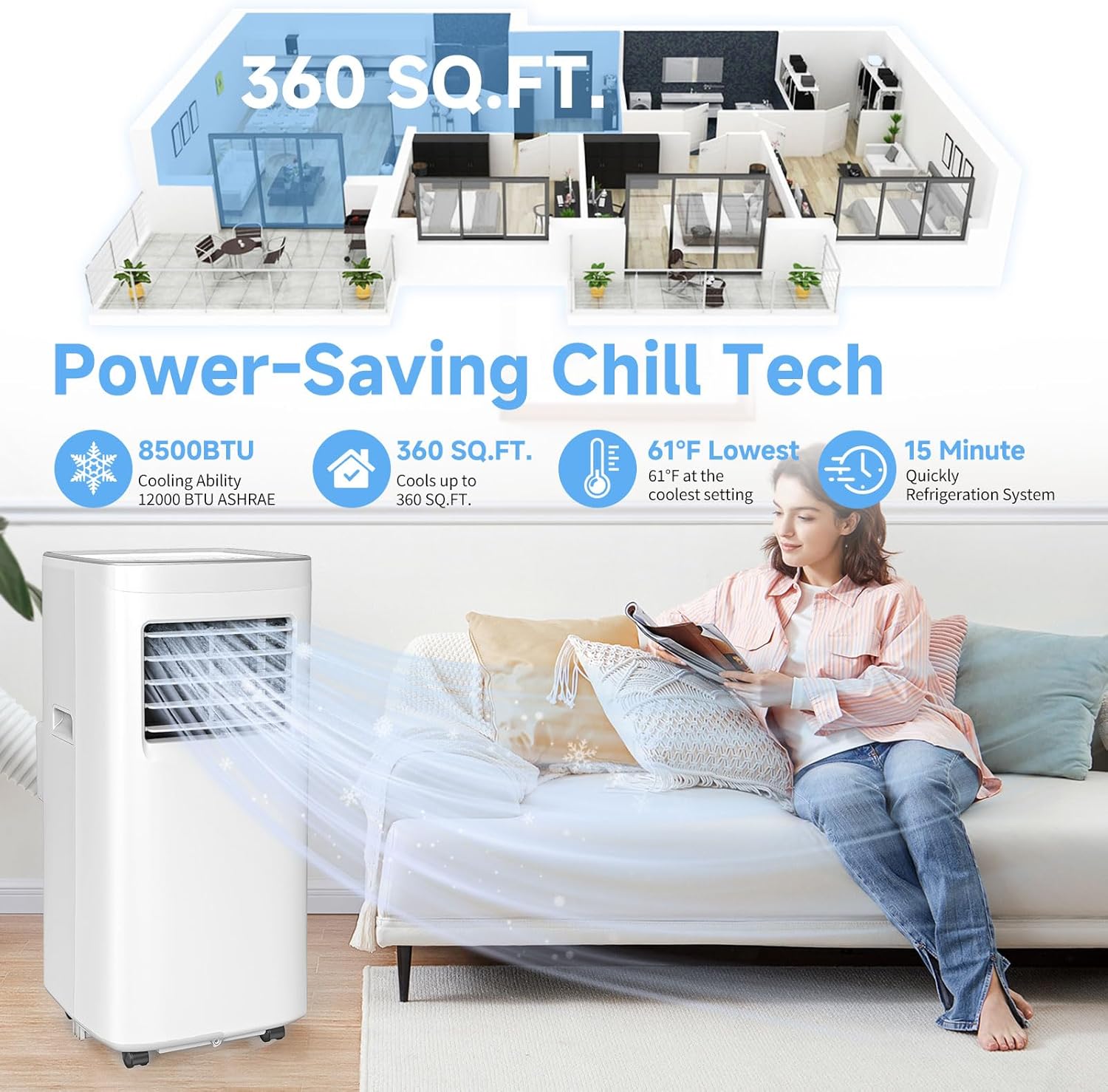 8500 BTU Portable Air Conditioners with Dehumidifier & Fan - 3-in-1 Cooling Unit for Rooms up to 450 Sq.Ft, Remote Control, Sleep Mode & Easy Installation Kit, Ideal for Studios/Offices/Home Use