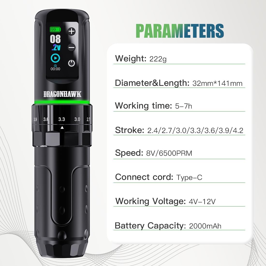 Dragonhawk L3 Cordless/Cord Tattoo Gun Rotary Pen Machine, 7 Strokes Length for Pro Artists, Powerful Mcore-L Tattoo Motor, Smart Display 2,000mAh Battery Power Supply Silver