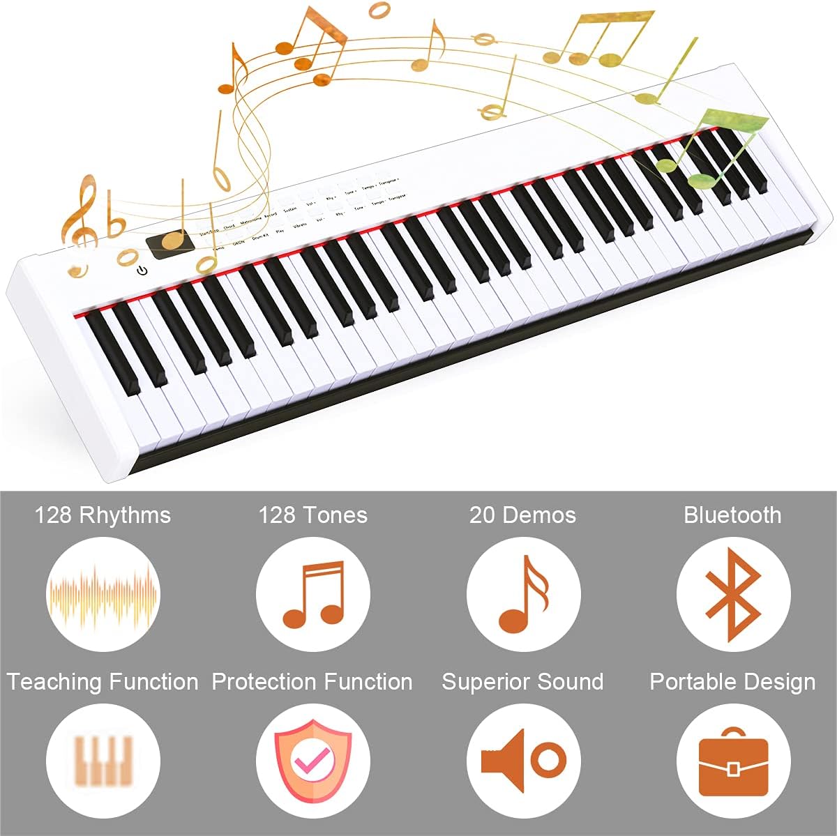 Keyboard Piano, 61-Key Digital Piano with Semi-weighted Keys for Beginners, Portable Electric Piano Supports MIDI/USB and Wireless Connection, with Built-in Stereo Speakers (White)