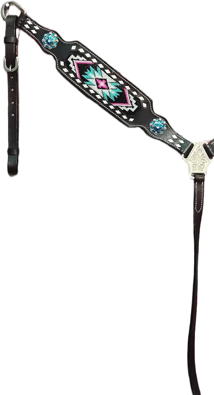 Western Premium Leather Hand Beaded Headstall, Breast Collar, Reins Tack Set Equestrian Trail Accessories Carved Tooled Comfortable Horse Riding Training Size: Full