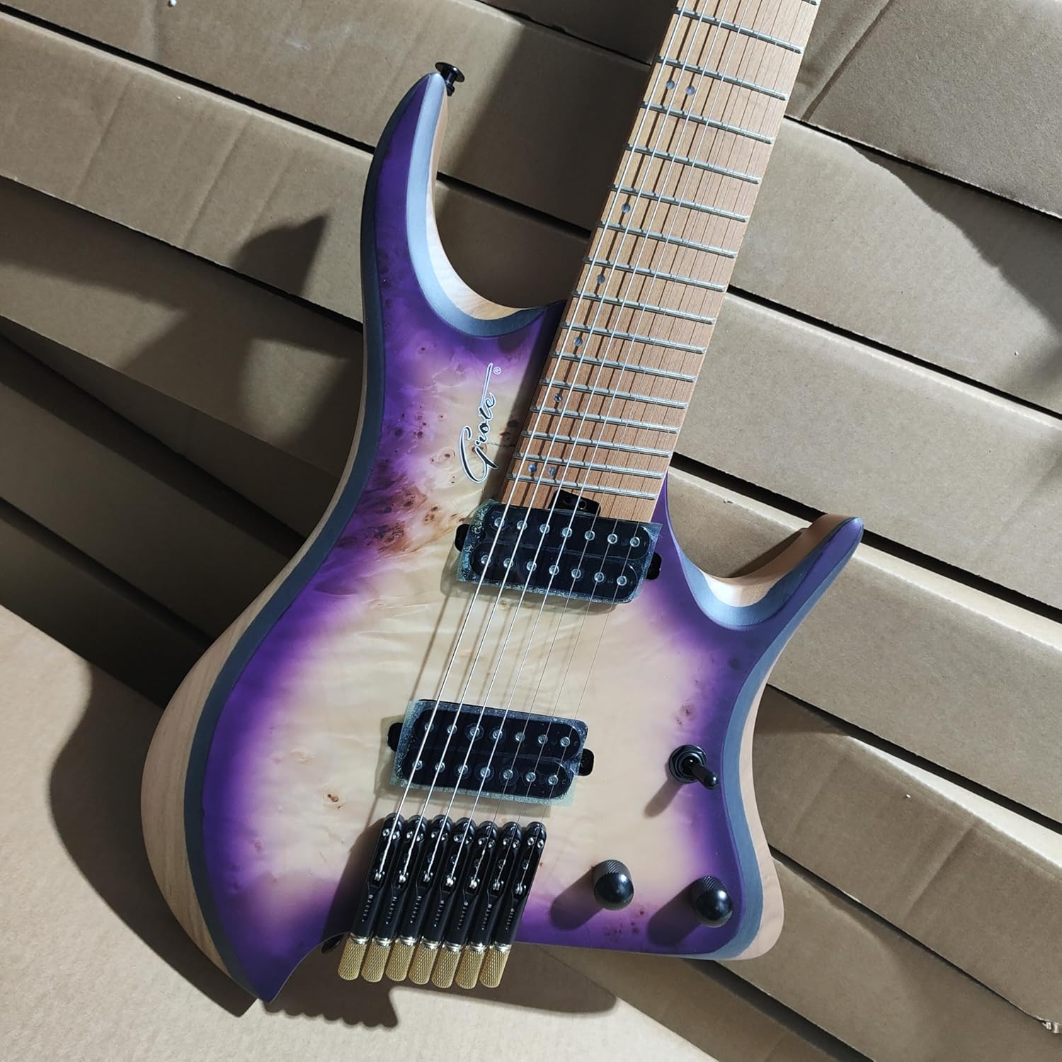 7-String Headless Electric Guitar, Purple and White Burst Finish, HH Pickups