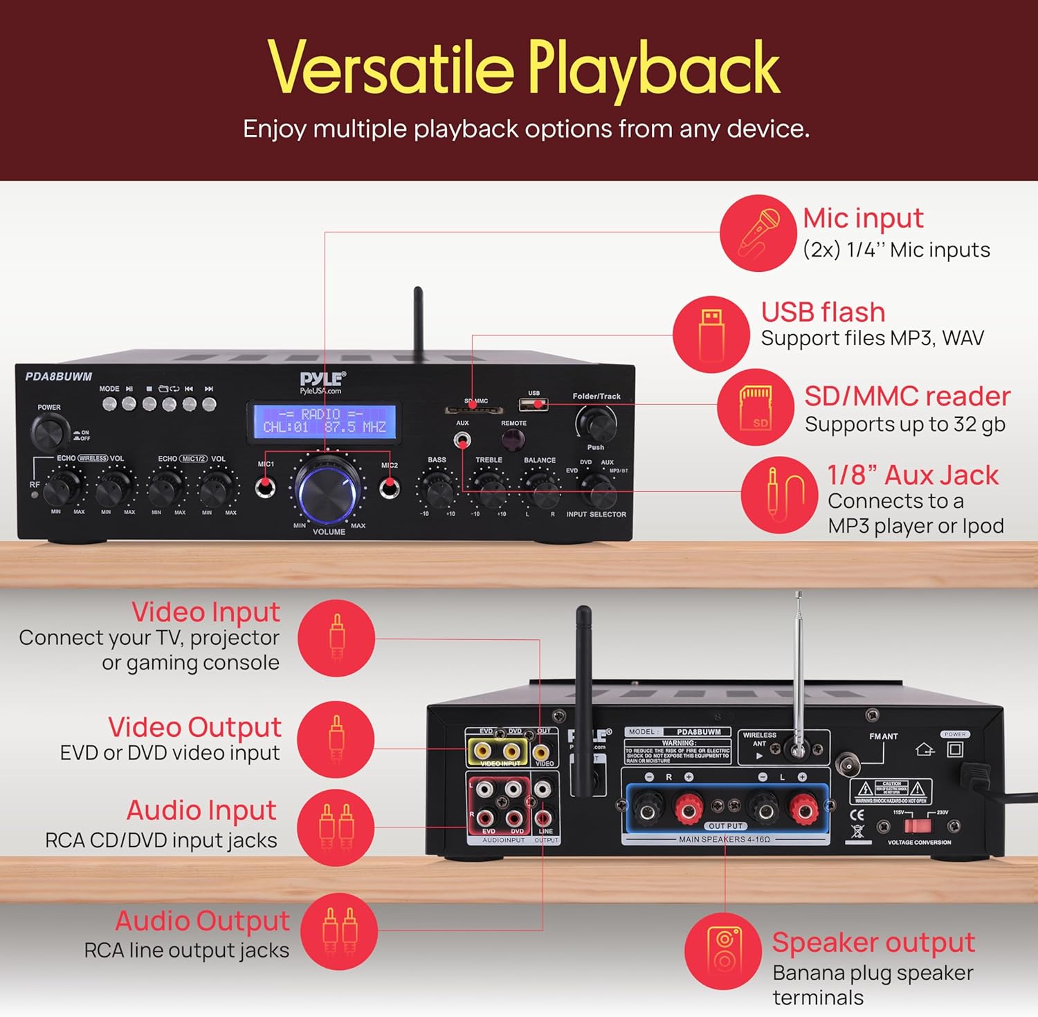 Pyle Wireless Microphone Bluetooth Amplifier-200W Peak Power Dual Channel Stereo Audio Receiver w/USB,AUX in, Dual Mic Inputs w/Echo Control,RCA Input, For Karaoke,Home Theater,Music Studio- PDA8BUWM