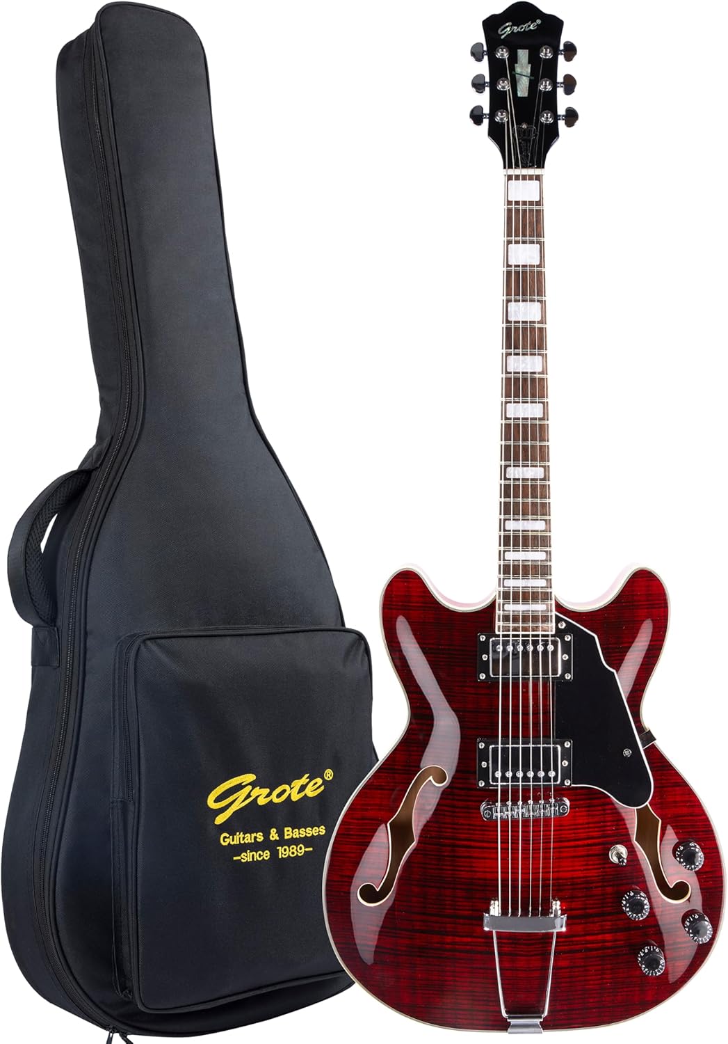 GROTE Jazz Electric Guitar Semi-Hollow Body Trapeze Tailpiece Bridge Guitar Gig Bag (RED)