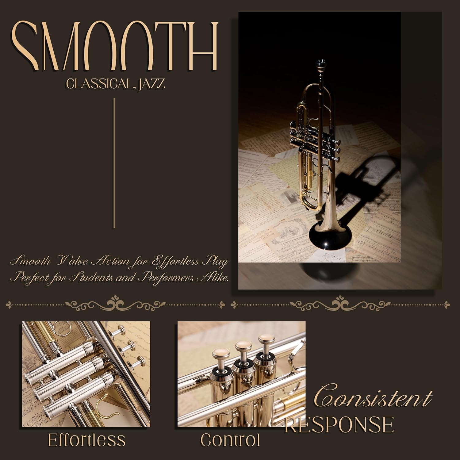 AKLOT Hand-Hammered Bell Bb Trumpet: Smooth Valve Action, Clear-Lacquered Brass Body, Standard Trumpet Beginner Set with Leather Case, Lesson Book, Trumpet Mute, Mouthpiece, Cleaning Kit (SNR-BrzAC)