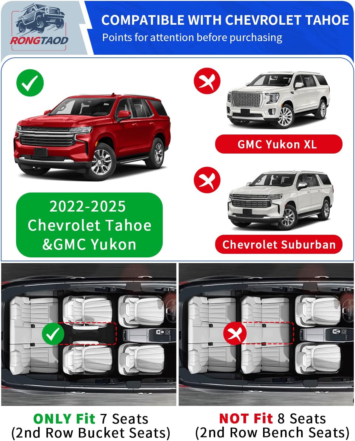 Rongtaod Floor Mats Compatible with 2022 2023 2024 2025 2026 Chevrolet Tahoe 7 Seats Trunk Mat Cargo Mat Cargo Liner Back Seat Protector Chevy Tahoe Accessories (Trunk Mat+Backrest Mats+Floor Mats)