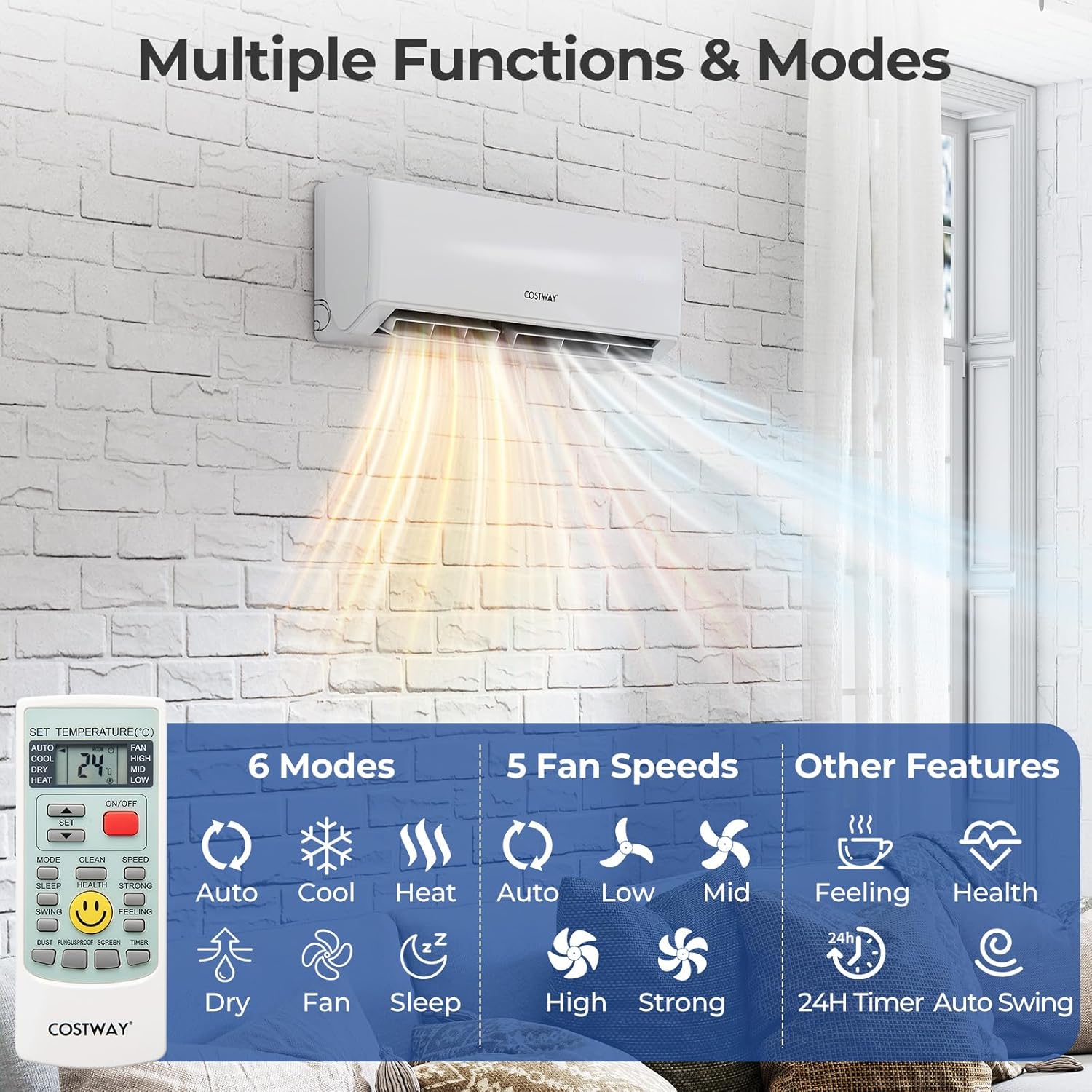 COSTWAY 18k Dual 2 Zone Mini Split Air Conditioner, 22 SEER2 7000 BTU+ 9000 BTU, 208-230V, Wifi Enabled Multi Zones Mini Split AC Heat Pump Full Set, Ductless Energy Star